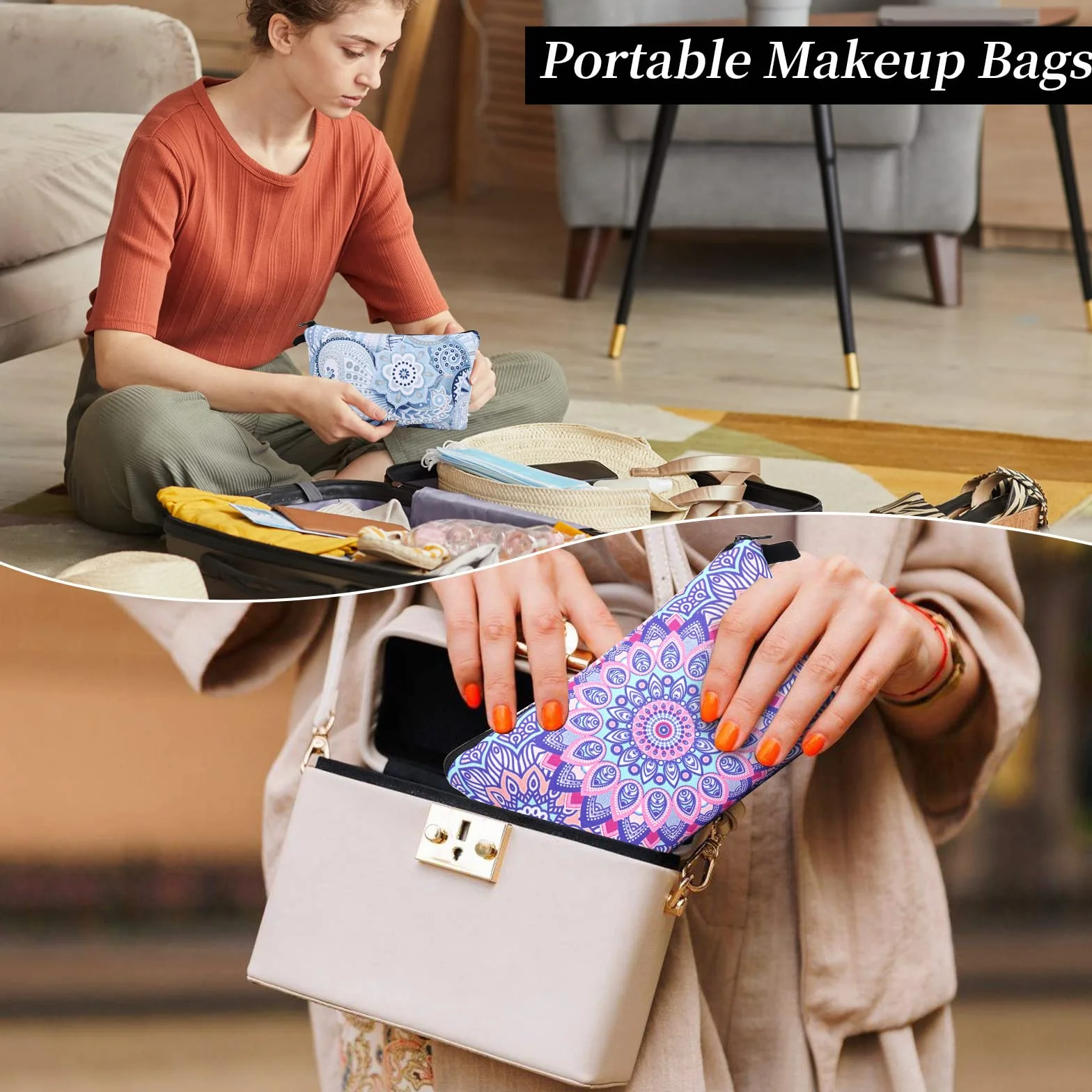 Czemo 4 Pcs Trousse à Maquillage Femme Sac à Cosmétiques en Toile Imprimé Sac de Rangement Voyage