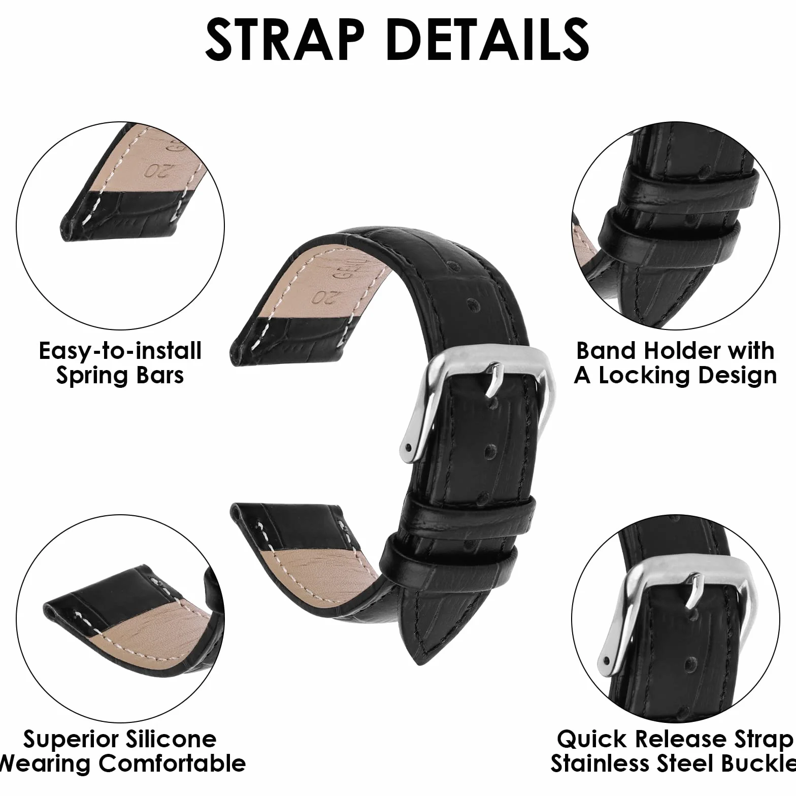 Bracelet de montre en cuir de veau remplacement boucle acier inoxydable