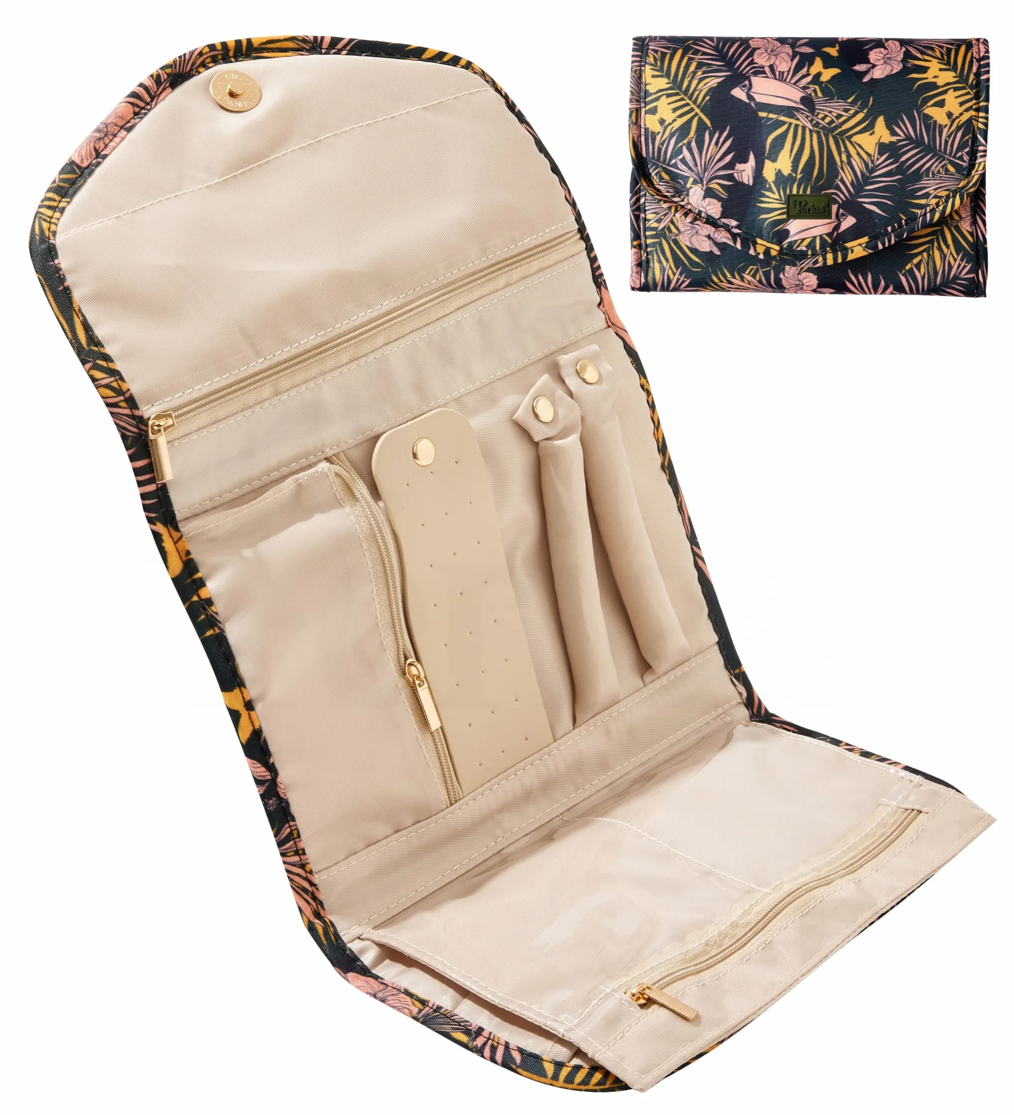 Periea Cleo Organisateur de Bijoux en Rouleau de Voyage – Pochette Protecteur pour Boucles d'Oreilles, Collier et Bagues (Toucan, Moyen)