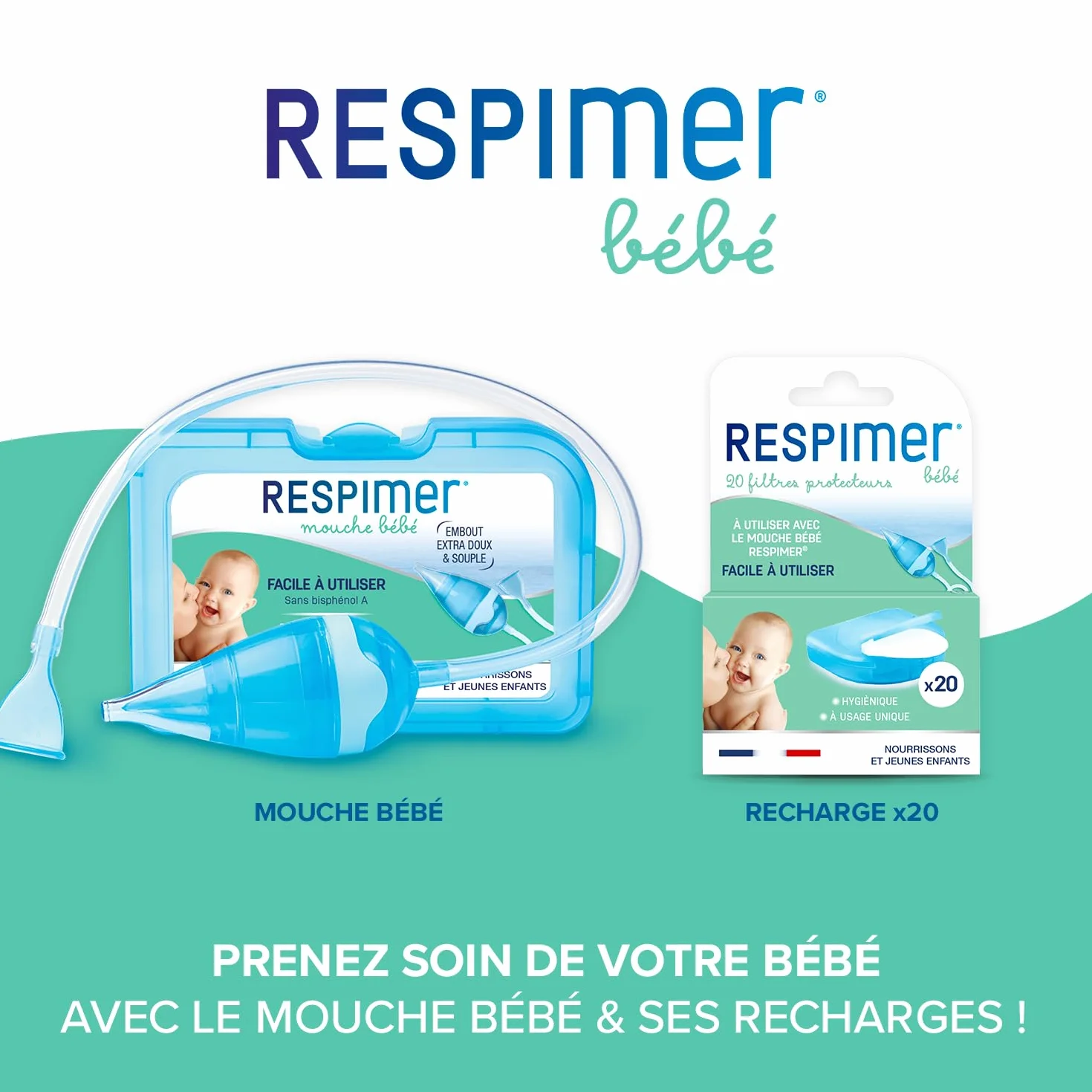 Respimer 20 Recharges Mouche Bébé Filtres Protecteur Rhume Rhynopharyngite Fabriqués en France