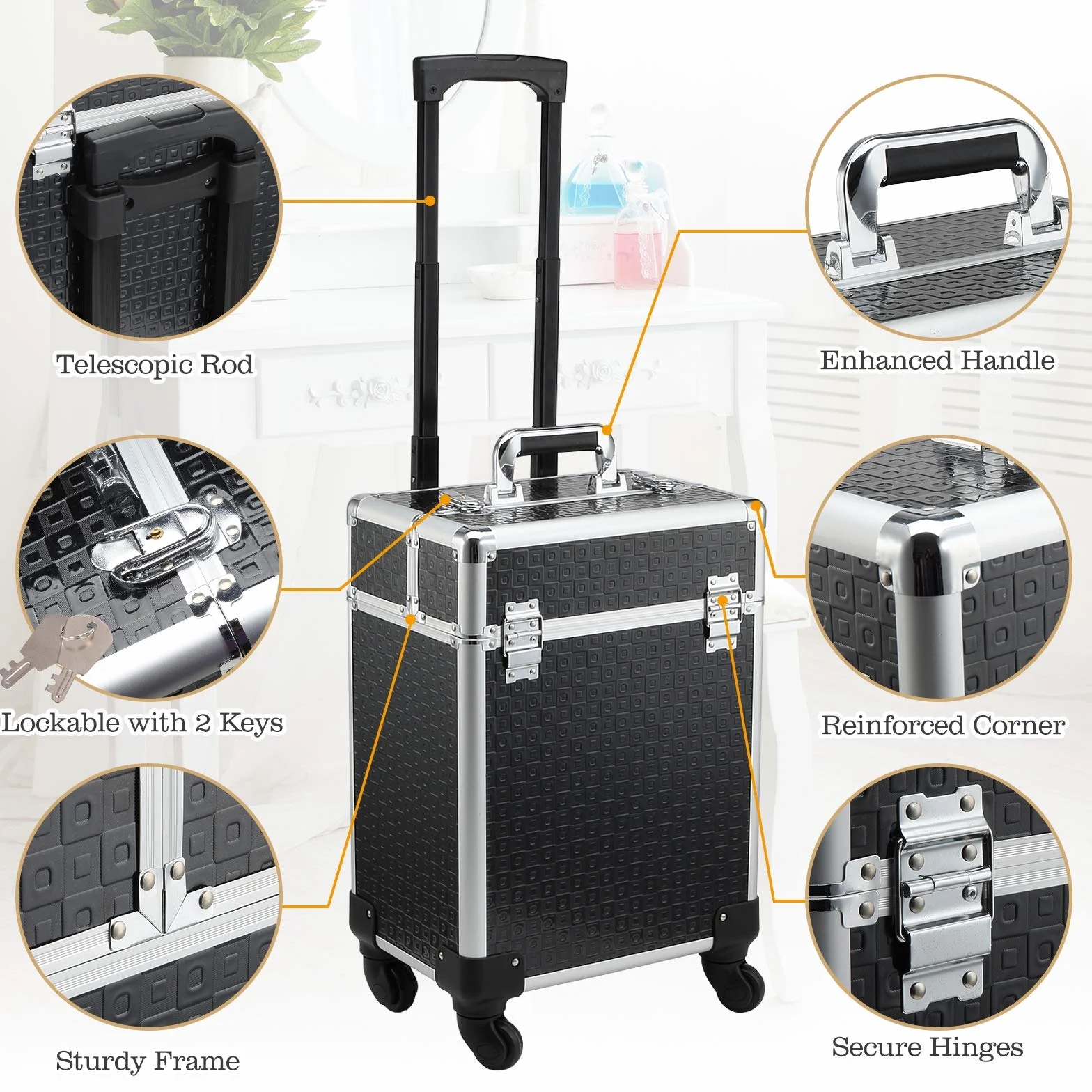 HOMCOM Valise Trolley Maquillage Mallette cosmétique Vanité 34x24x52 cm Aluminium Noir