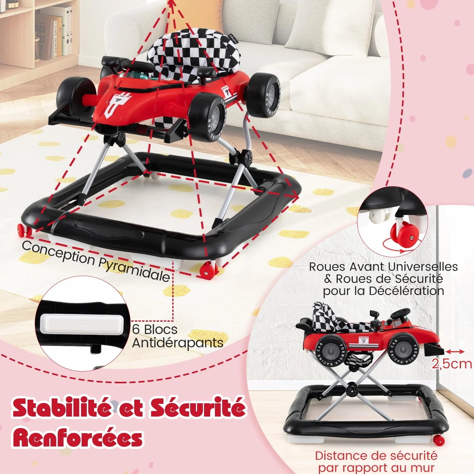 GOPLUS Trotteur Bébé 4 en 1 Pliable avec 3 Hauteurs Réglables, Musique, Lumières, Charge 12 KG 6-12 Mois Rouge