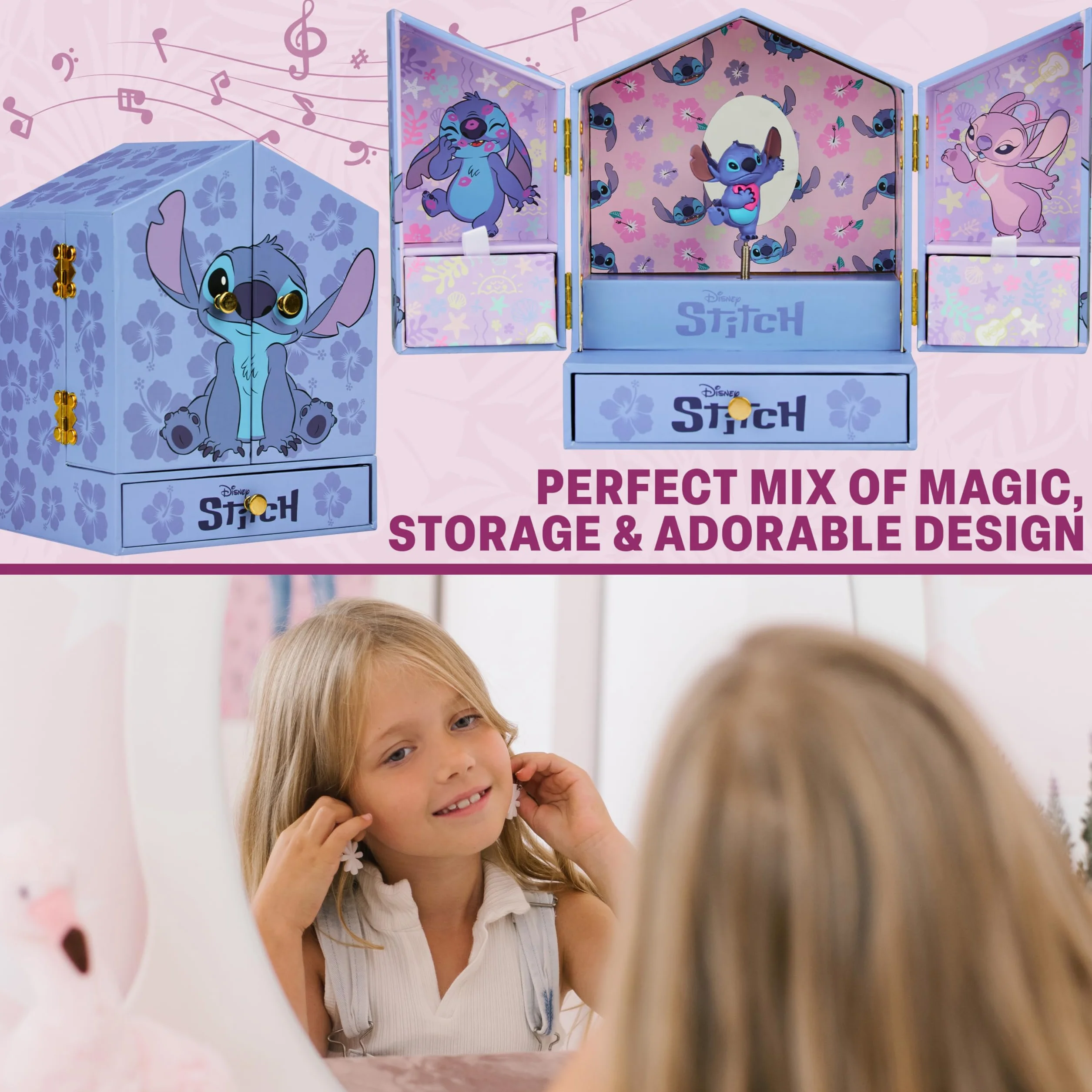 Disney Stitch Boîte à Bijoux Musicale Fille Coffret Cadeau avec Miroir Tiroirs Rangement Bleu