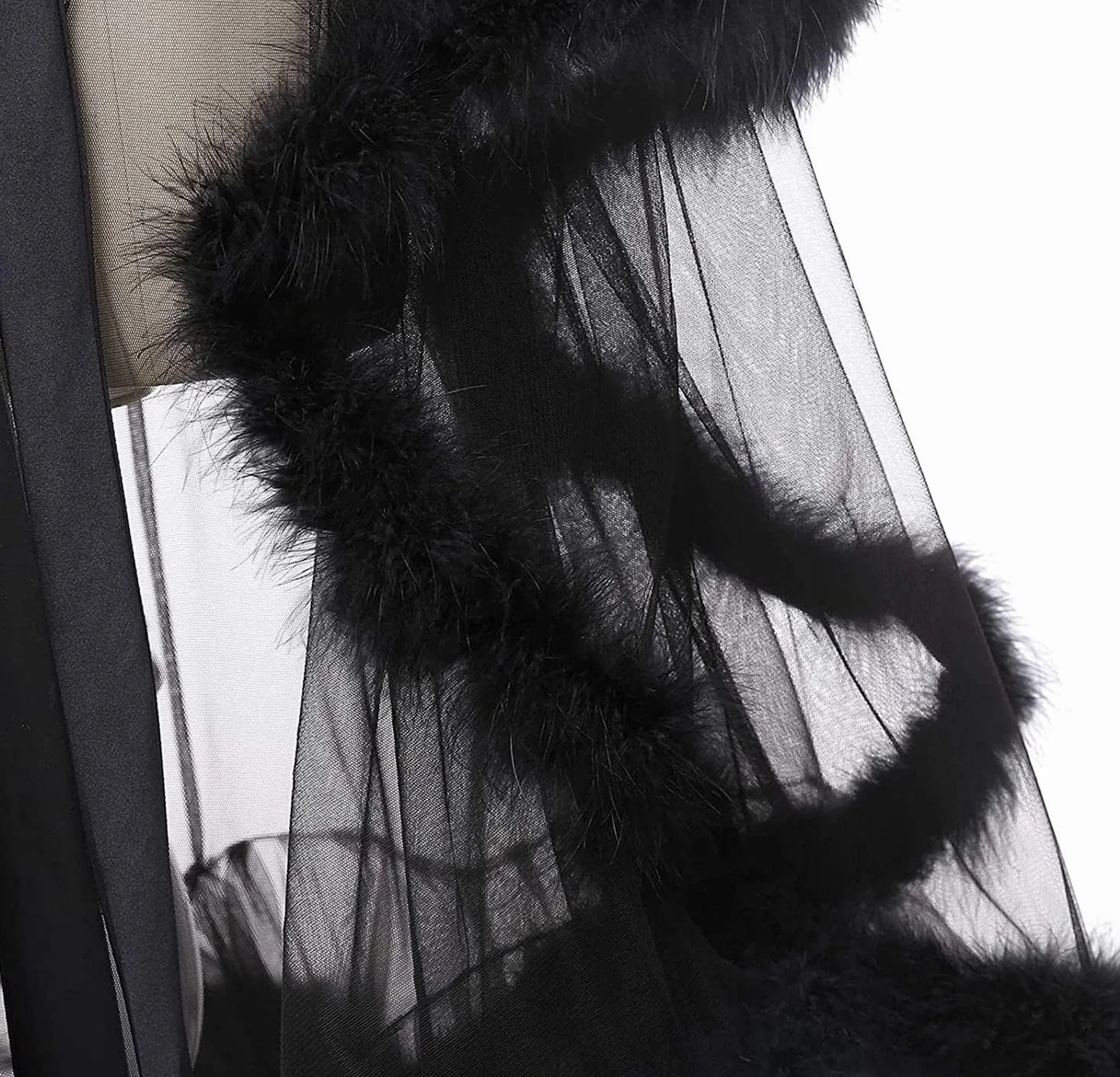 Kimono Sexy Robe Perspective Lingerie Nuisette Plumes Ceinture Grande Taille Maille Transparente One Size