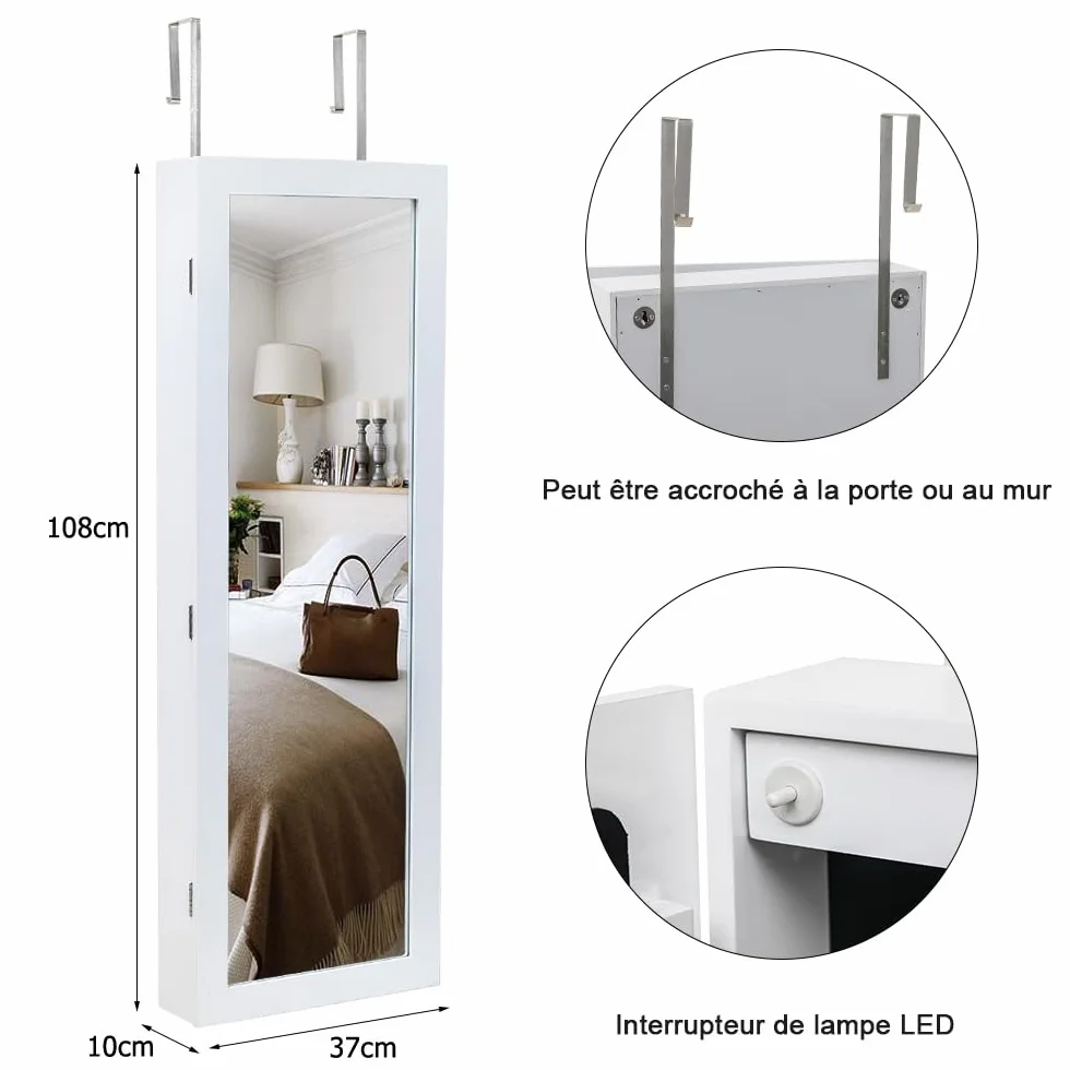 LEADZM Armoire à Bijoux avec Miroir, Meuble de Rangement Mural, Organisateur Verrouillable, Blanc Boisé