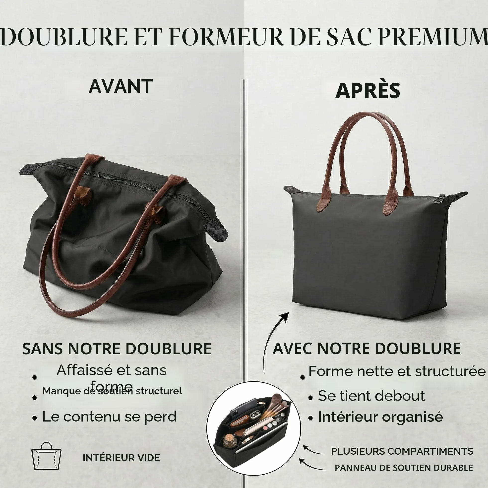 Organiseur de sac compatible Longchamp Le Pliage Noir L