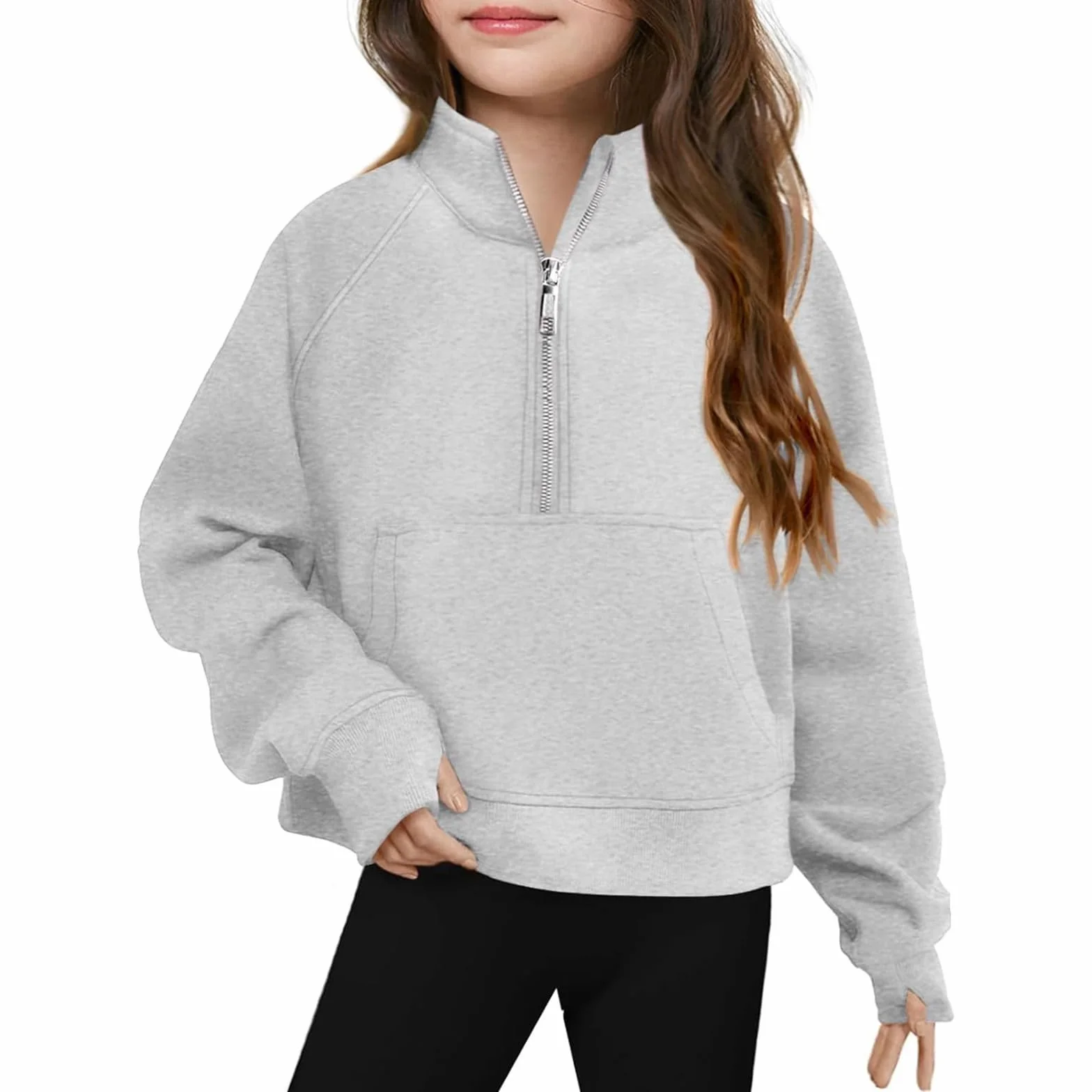 Sweat Fille Zippé Chic Pull Enfant Manches Longues Col Montant Décontractée Sweatshirt Couleur Unie avec Poches Doublure Polaire Pullover Haut Automne Hiver