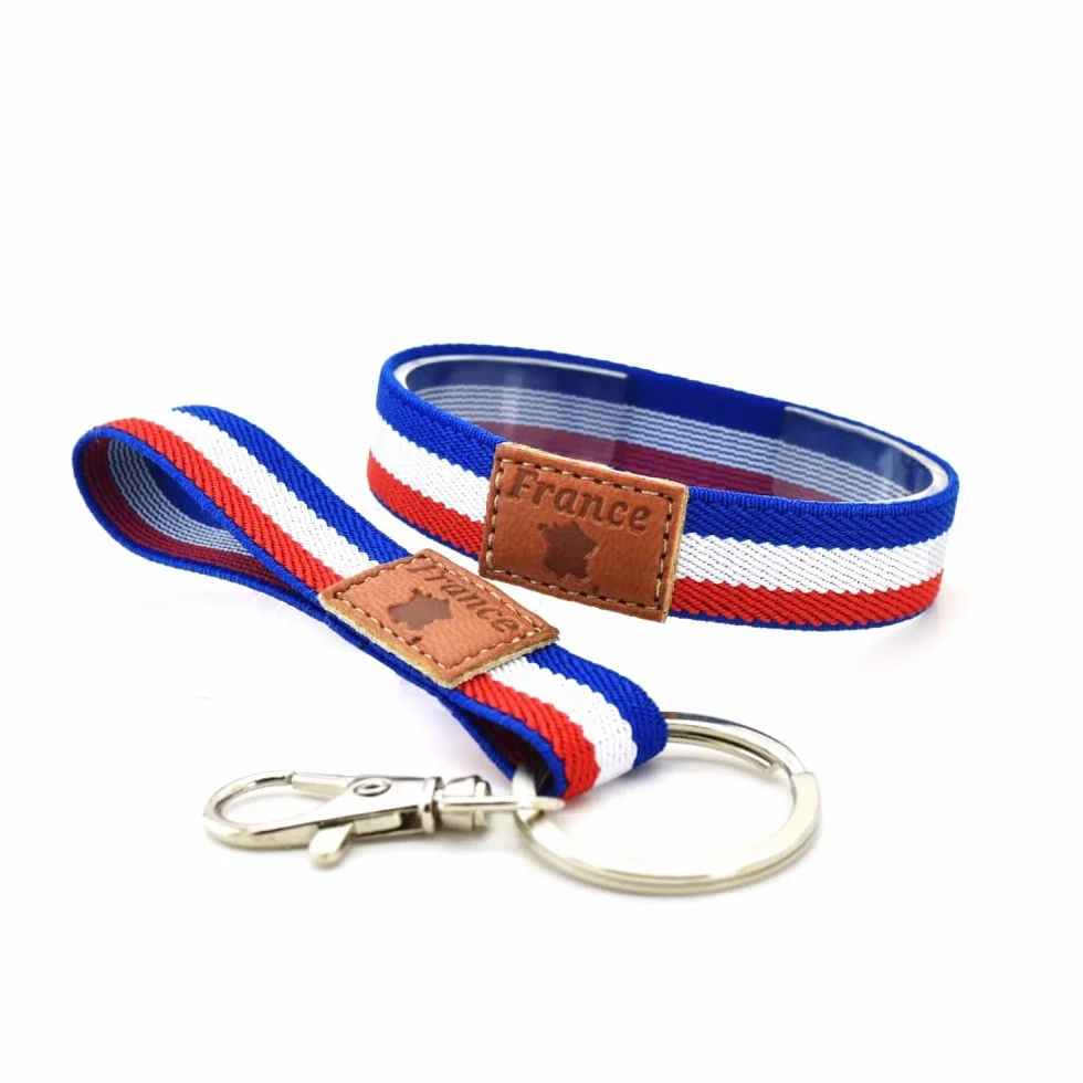 Bracelet Drapeau Français Tricolore avec Étiquette Cuir – Porte-clés ou Ensemble | Fierté Française Les Bleus