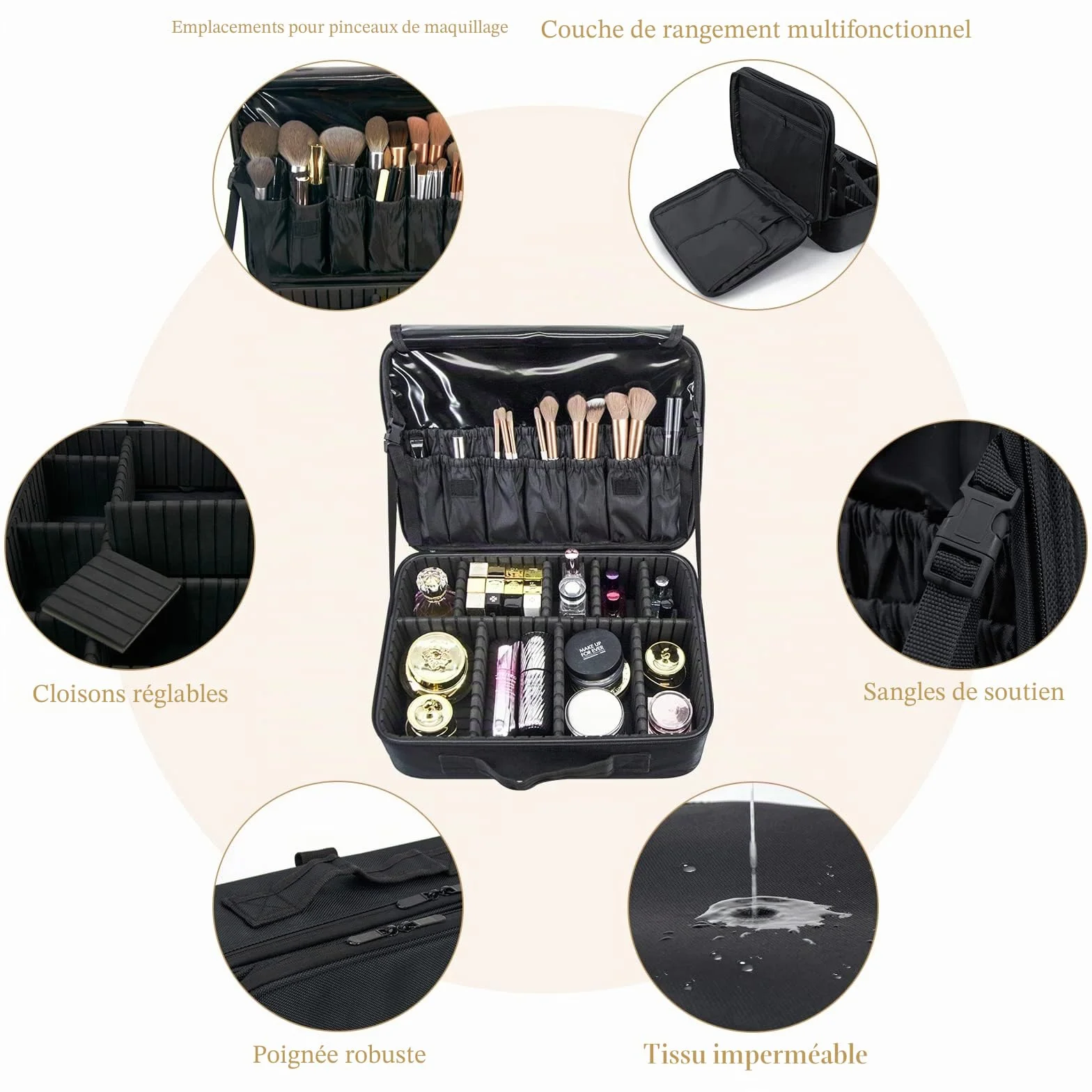 Trousse Toilette Maquillage Rangement Valise Voyage Professionnel Femme Make up Organisateur Vanity Étanche avec Pinceaux