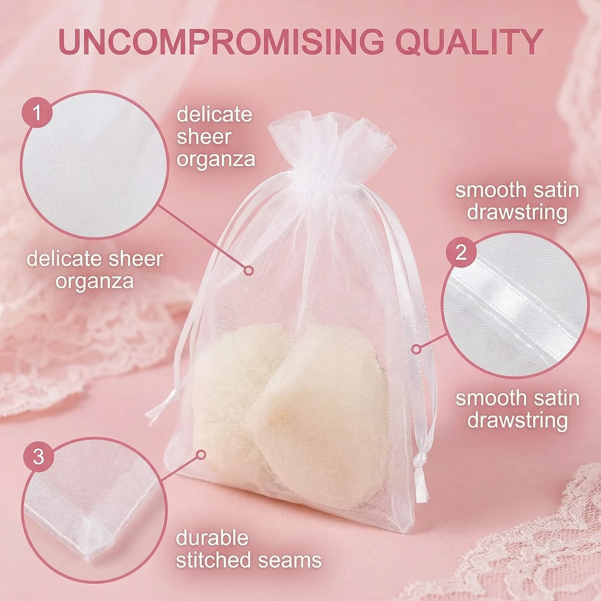 Sachet Organza 50 Pièces 10x15cm Blanc avec Cordon pour Bijoux Cadeaux Mariage