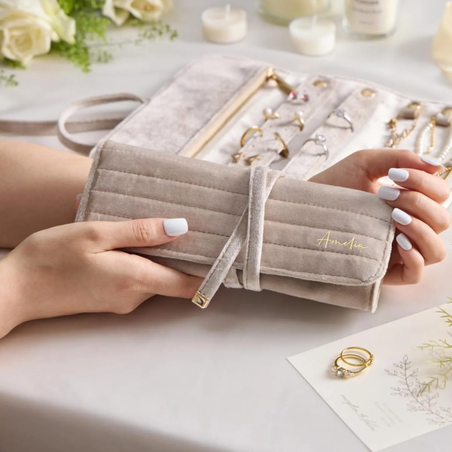 Rouleau à bijoux en velours personnalisé, organisateur de voyage, cadeau pour femme