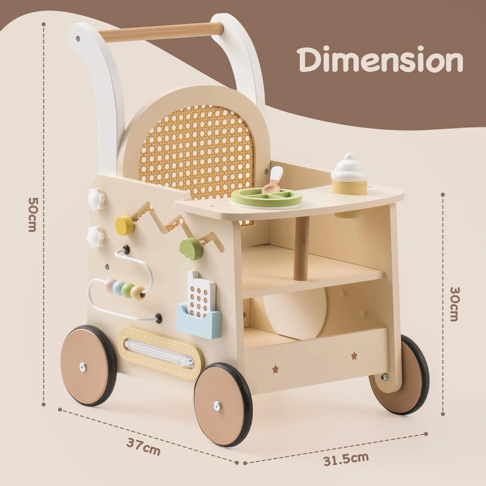 ROBOTIME landau en bois pour bébé, poussette de marche à pousser/tirer, marcheur avec contrôle de vitesse, dès 10 mois