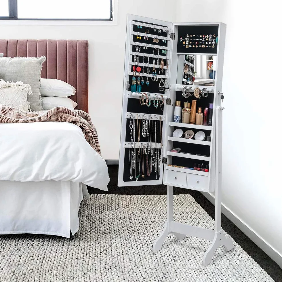 Alightup Armoire à Bijoux avec Miroir Pleine Longueur et Tiroirs, Verrouillable, Blanc