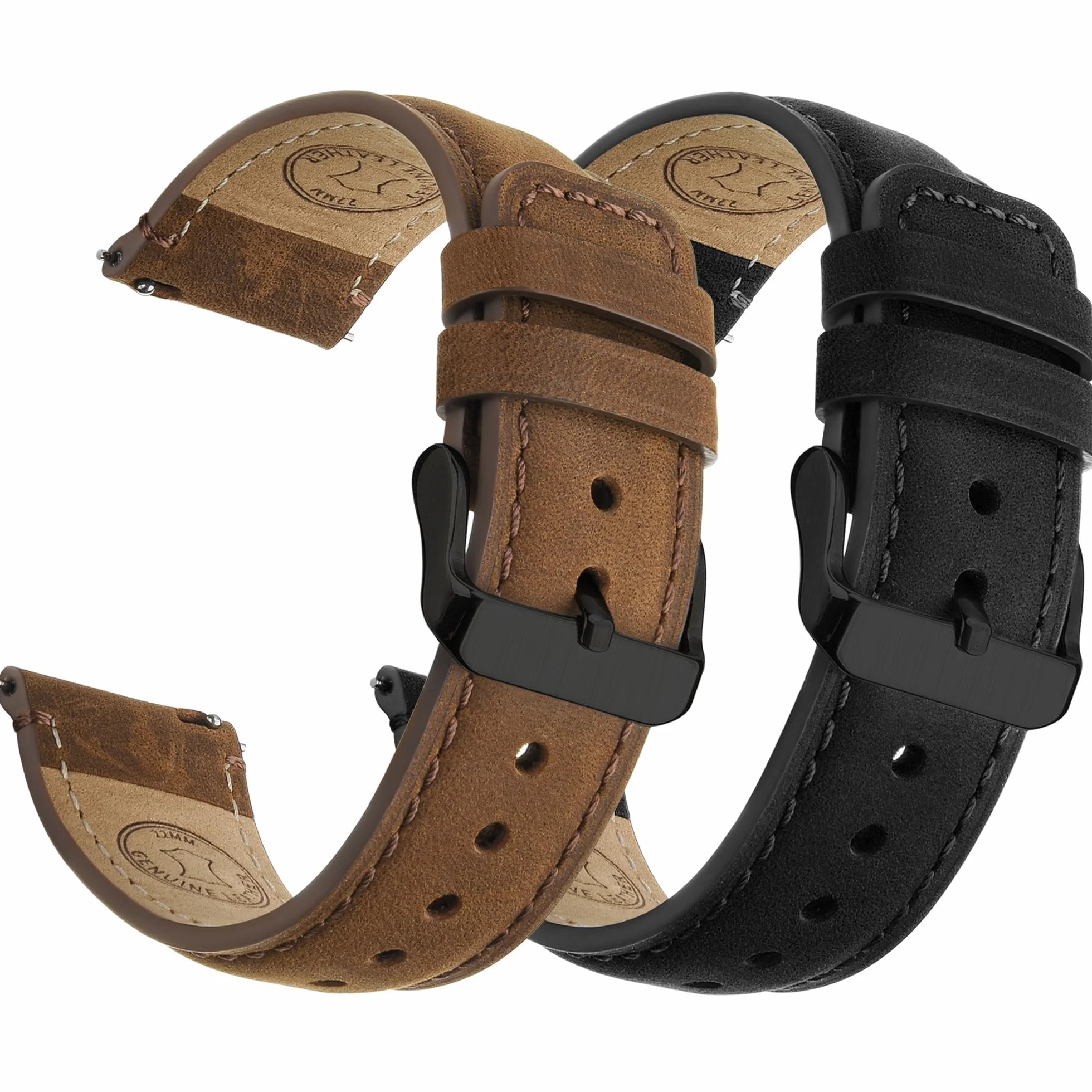 Fullmosa Lot de 2 bracelets de montre en cuir véritable 22mm, Changement rapide pour homme et femme avec fermoir en acier inoxydable compatible Samsung Gear S3 Frontier Garmin Venu 3
