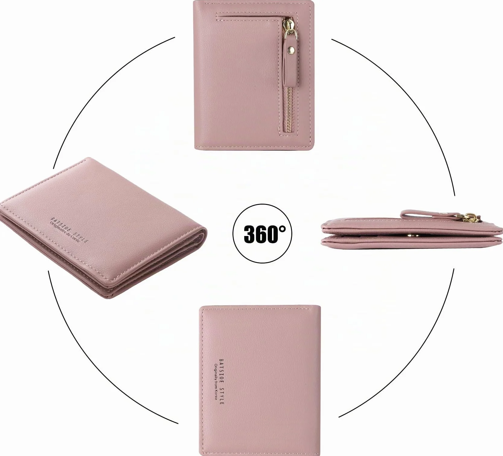 Portefeuille Femme Cuir Petit Porte Monnaie Slim avec Fermeture éclair Rose foncé
