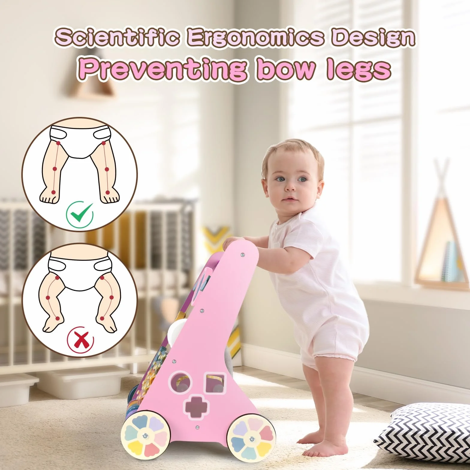 LOL-FUN Rose Trotteurs en Bois 10 en 1 Centre d'Activité Éducatif pour Enfant 1 An Cadeau Jouet d'Apprentissage Bébé 12 mois+