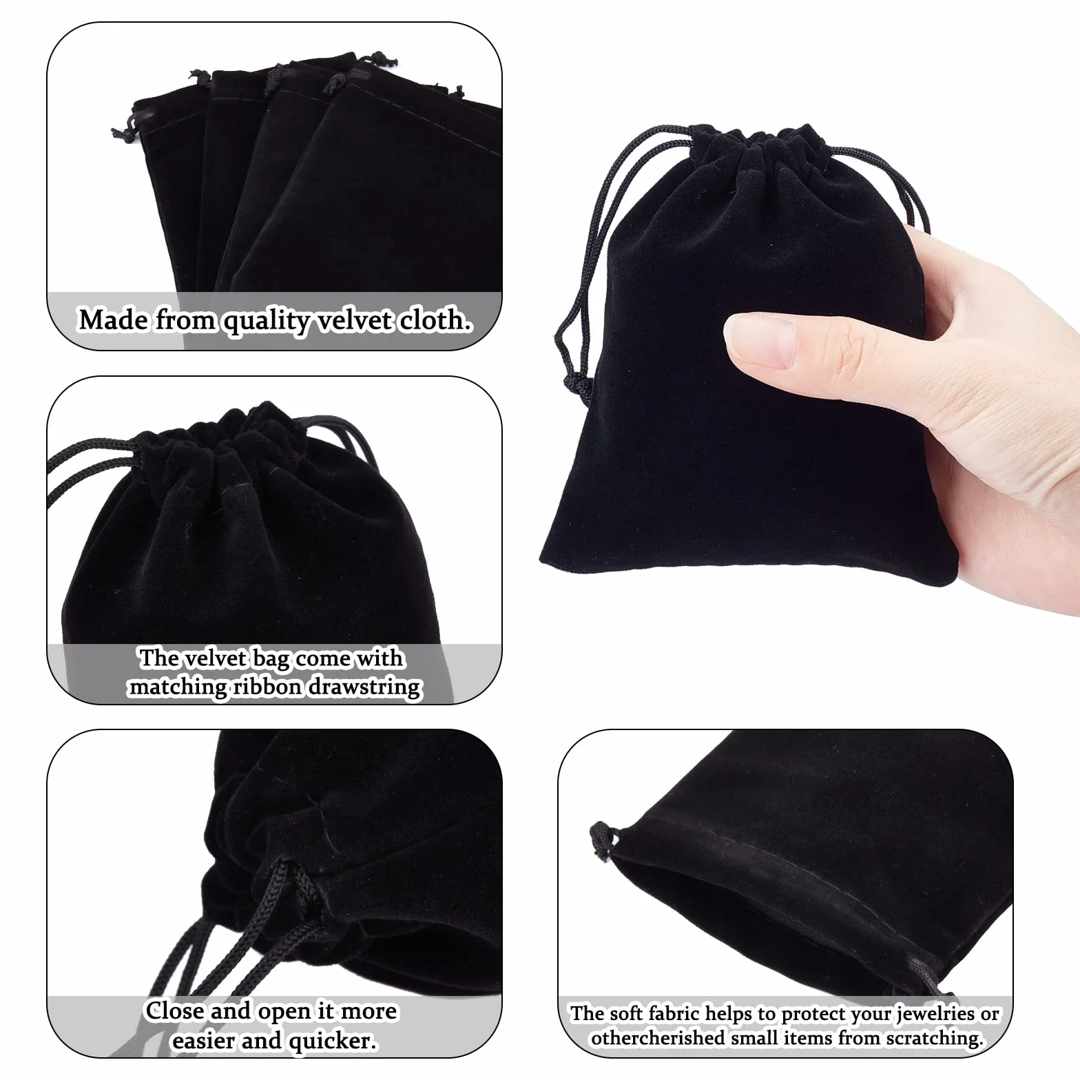 PandaHall Elite 50PCS Sachets Pochettes de Velours 12x10cm Sacs Cadeaux Pochettes à Bijoux Souples Noir