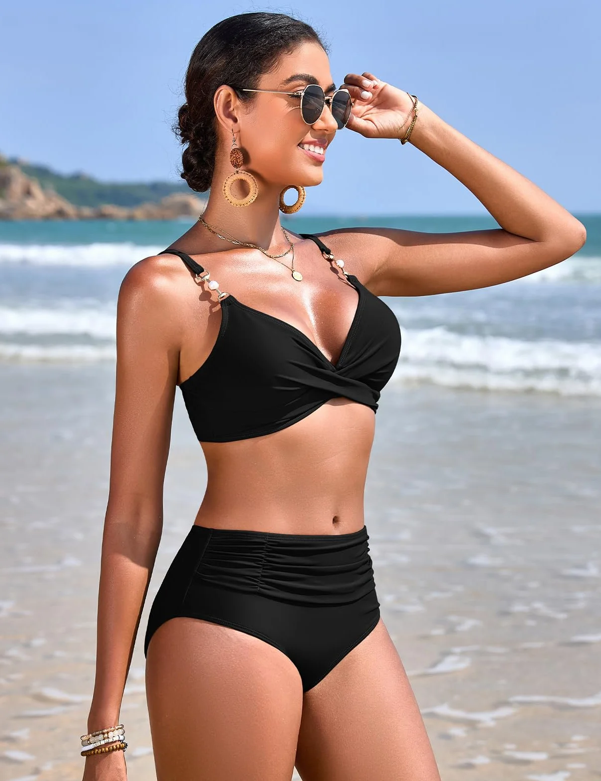 Nadeer Maillot De Bain Femme 2 Pièces Torsadé Taille Haute Bikini Col en V Contrôle du Ventre
