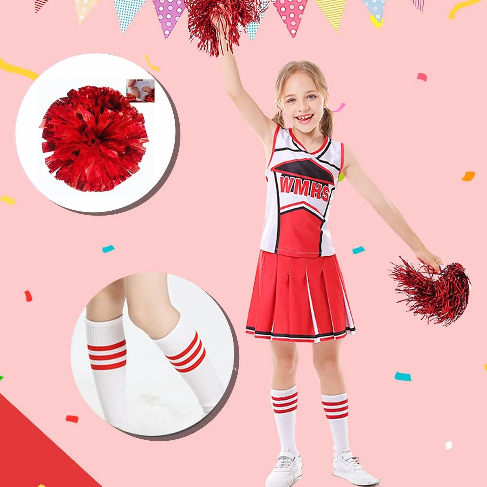 Déguisement Cheerleader Pompom Girl Fille 6-12 Ans avec Pompons Halloween Carnaval