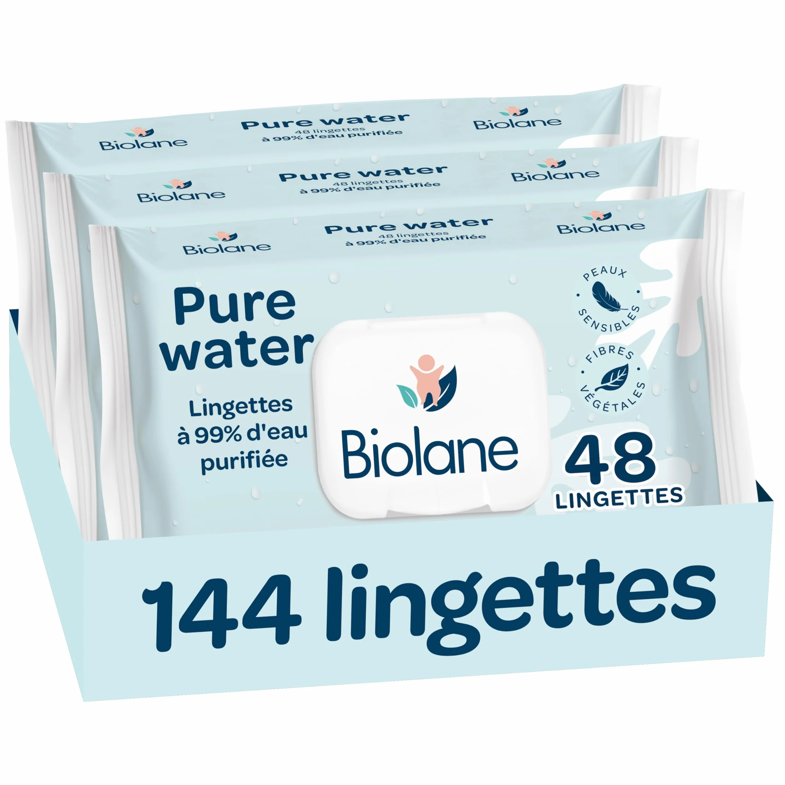 BIOLANE Lingettes bébé nettoyantes Pure Water 144 Lingettes Lot de 3x48 Eau Purifiée Peaux Sensibles