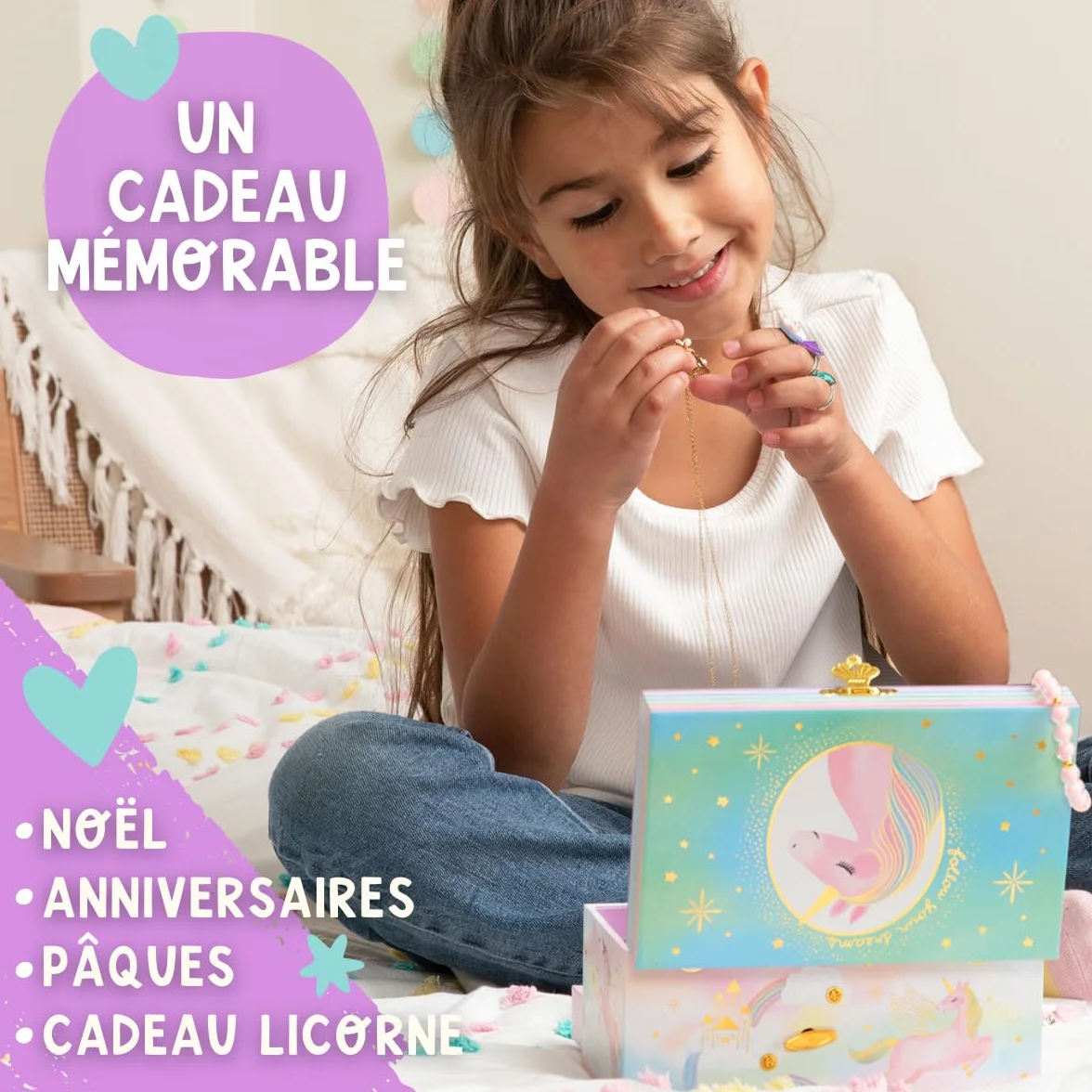 Boîte à Bijoux Musicale Licorne pour Filles avec Miroir, Cadeau Enfants 3-10 ans