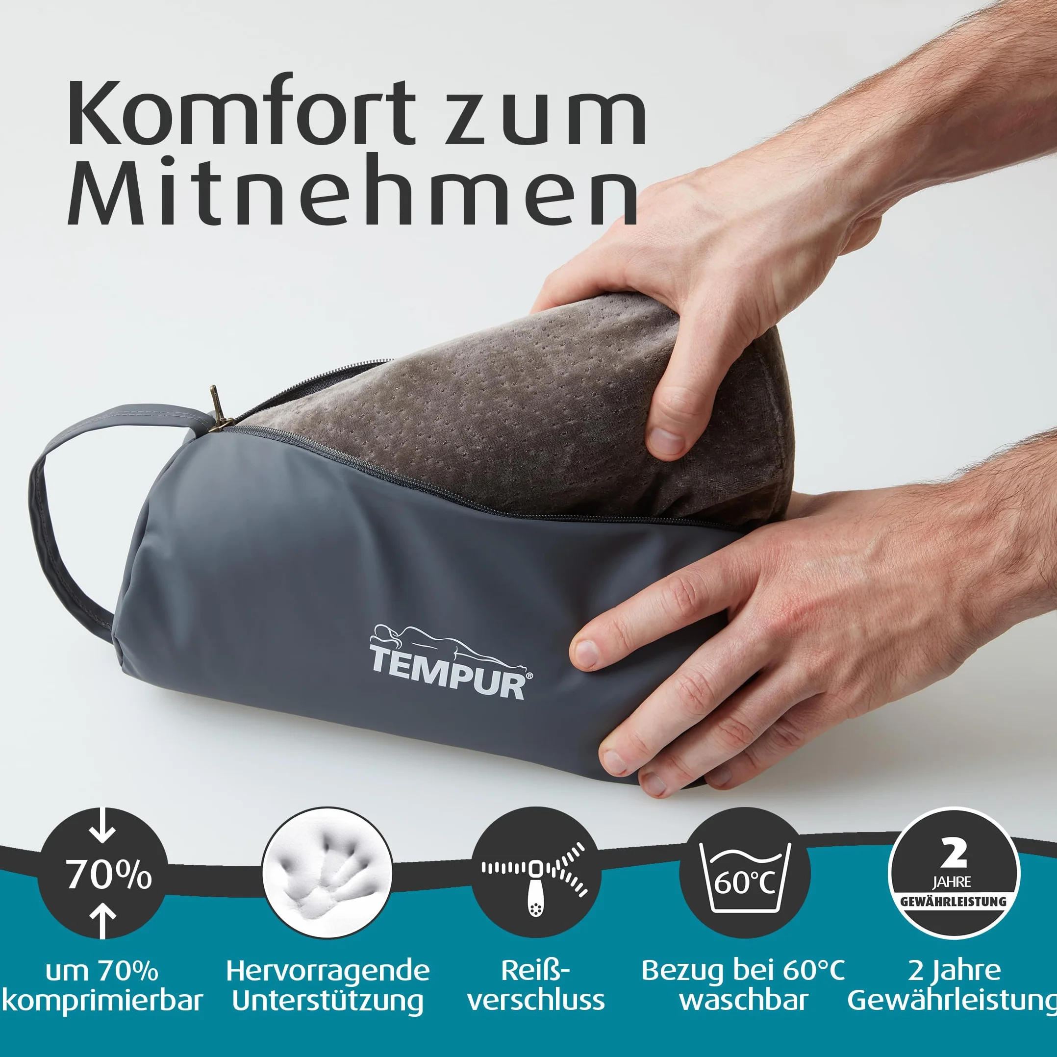 TEMPUR Coussin de Voyage Ergonomique Mémoire de Forme Sac Transport Anthracite 25x31x10/7 cm
