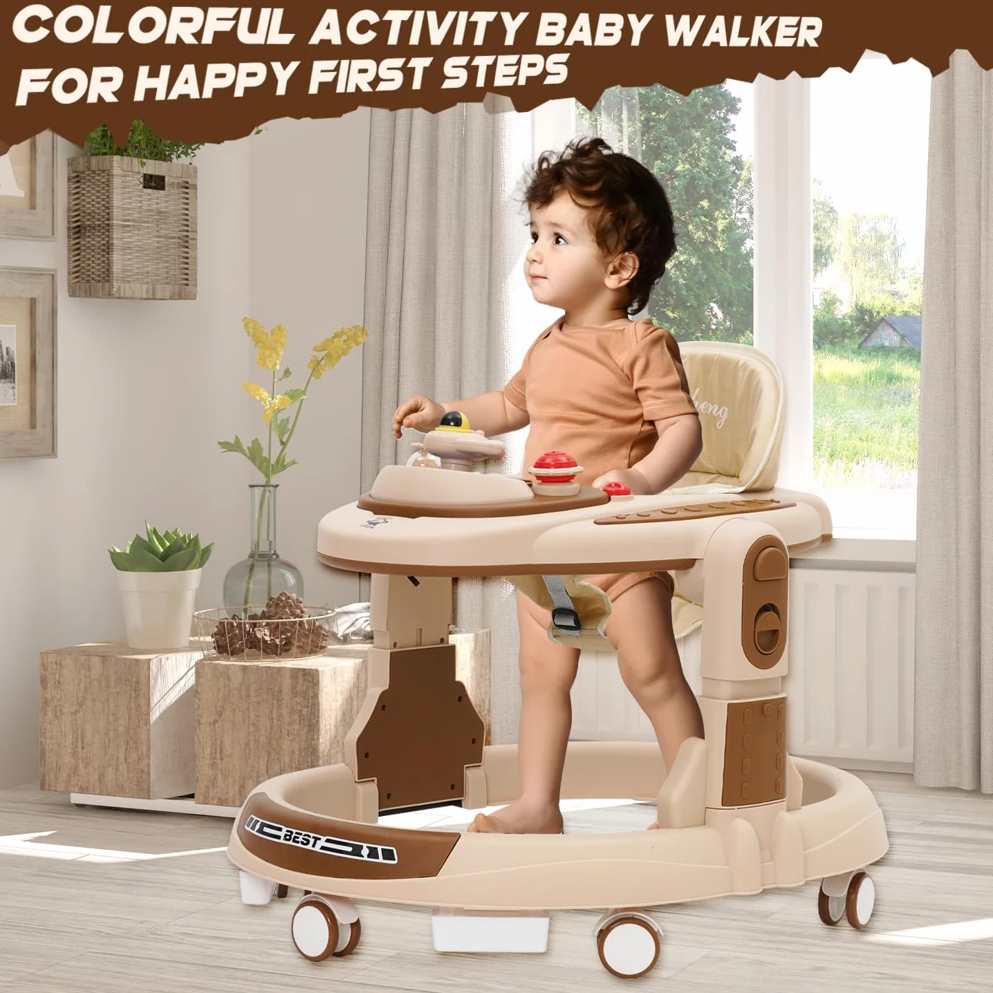 Trotteur Bébé Babywalker 4 Hauteurs Réglables Anti-renversement Roues Silencieuses 360° Plateau Repas Activités Musical Amovible 9 Mois+