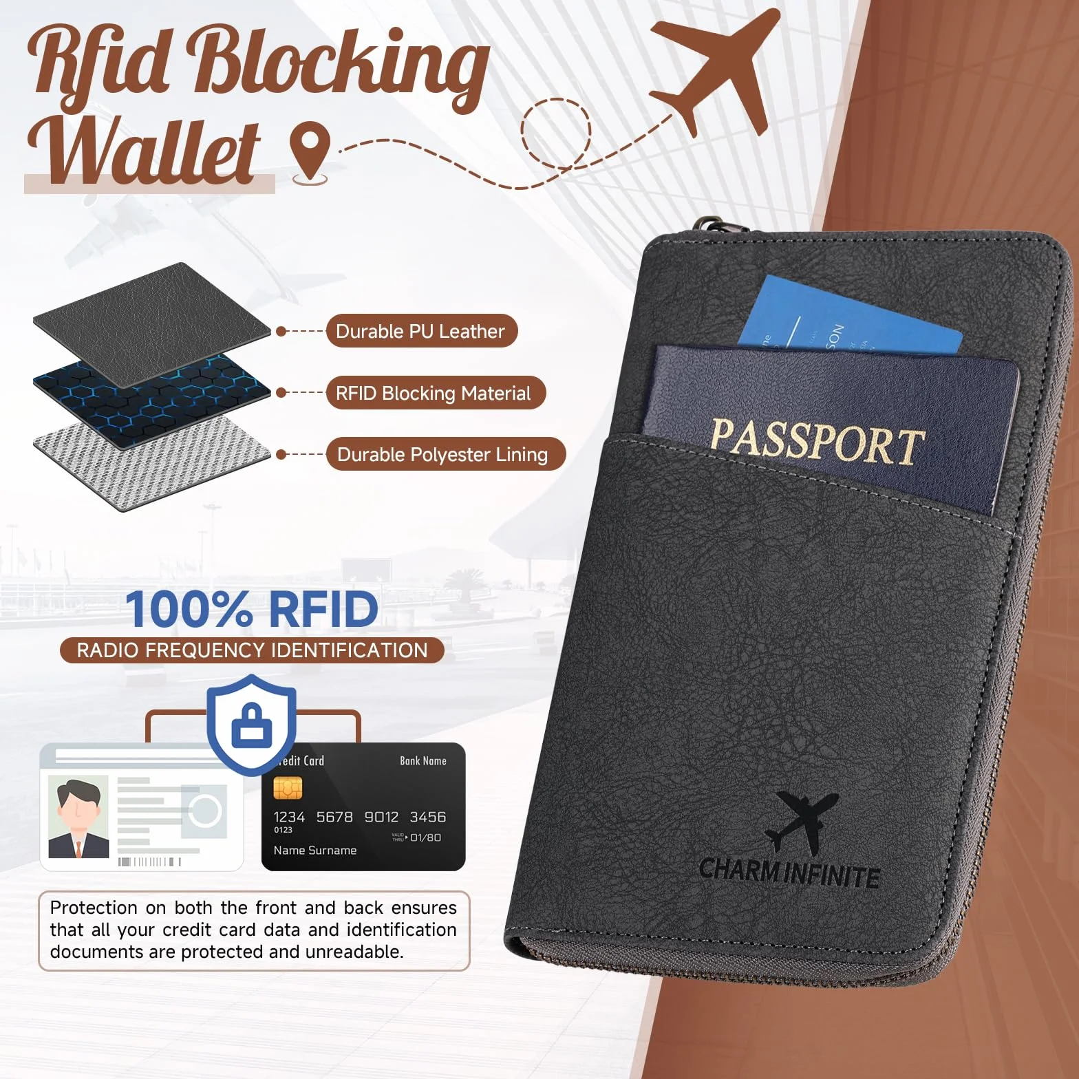 Likesing Porte-passeport familial cuir RFID fermeture éclair organiseur voyage dragonne Noir