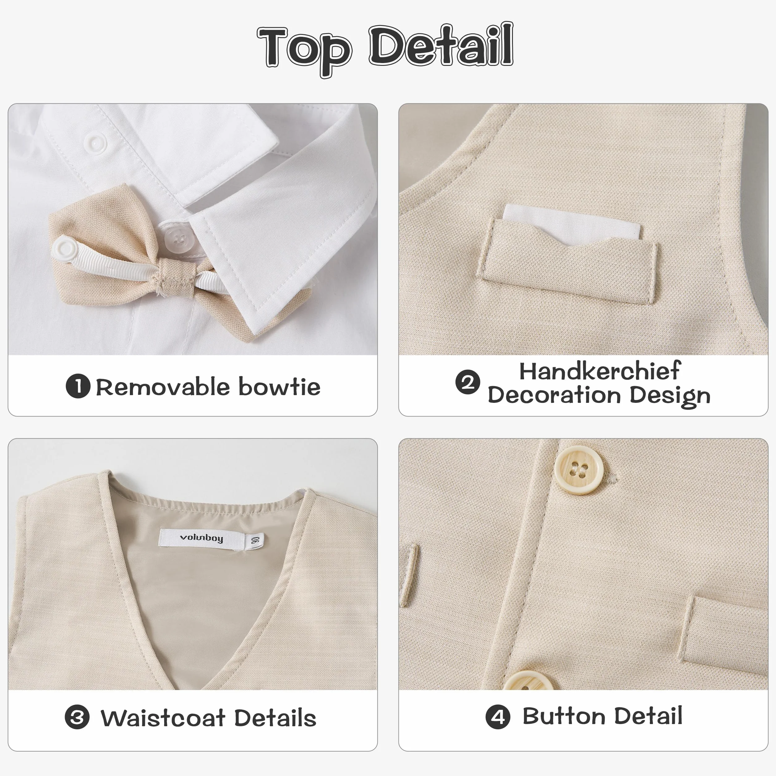 Volunboy Bébé Garçon Ensemble Costume Mariage d'été 4 Pièces Manches Courtes Gilet Chemise
