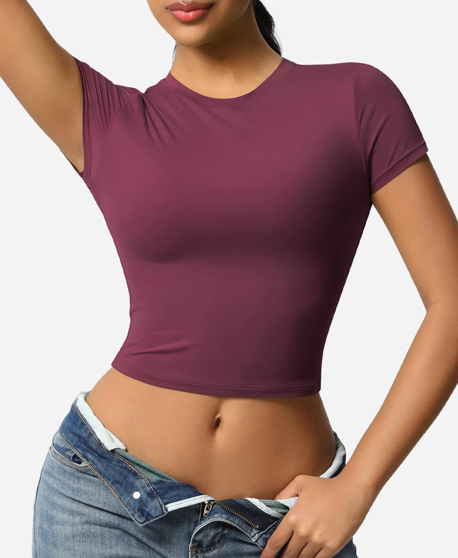 T-Shirt de Sport Femmes Manches Courtes Respirante Chemise Compression Running Crop Top
