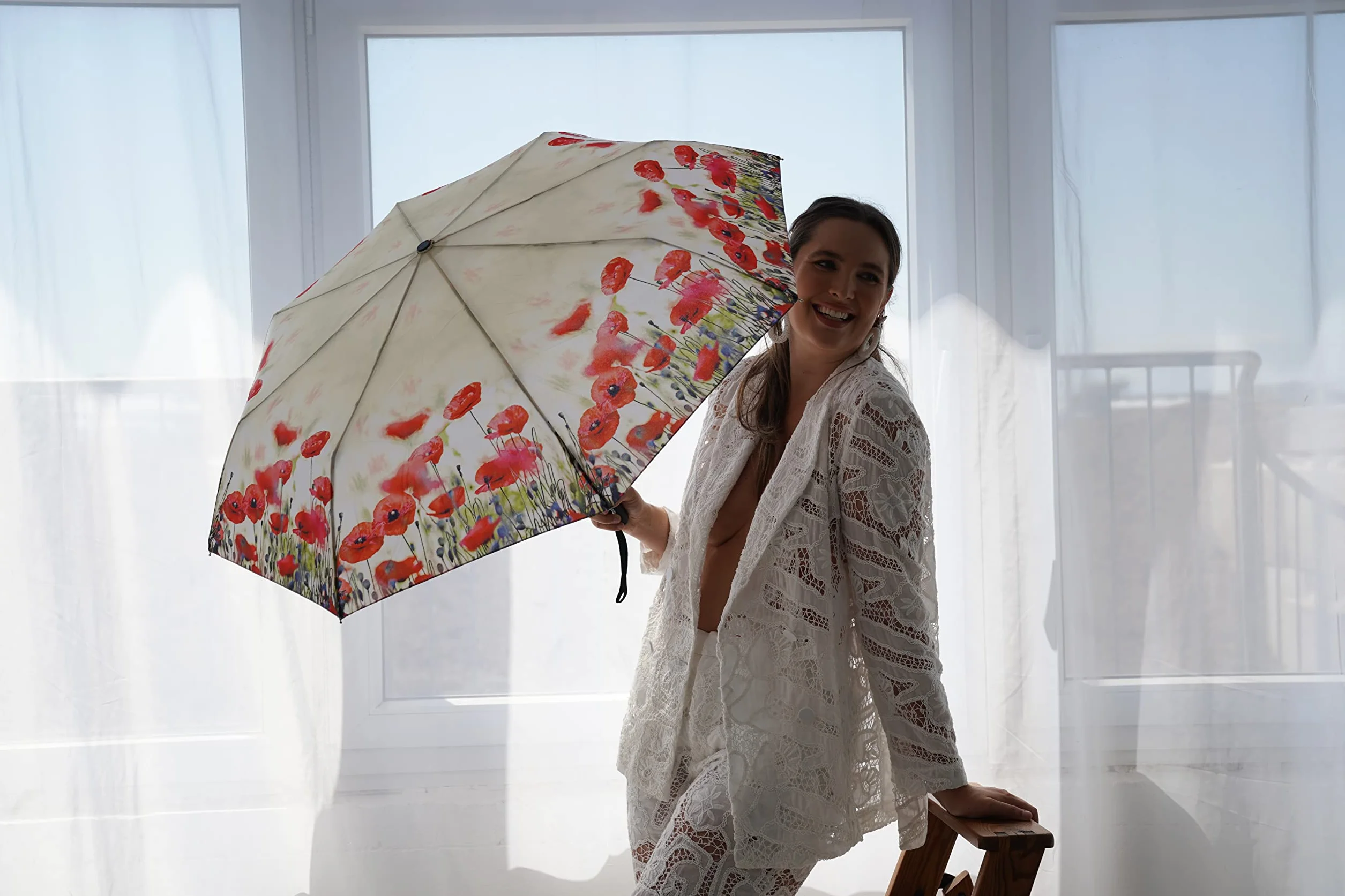 VON LILIENFELD Parapluie de Poche Automatique Résistant au Vent Pliant Floral Coquelicots
