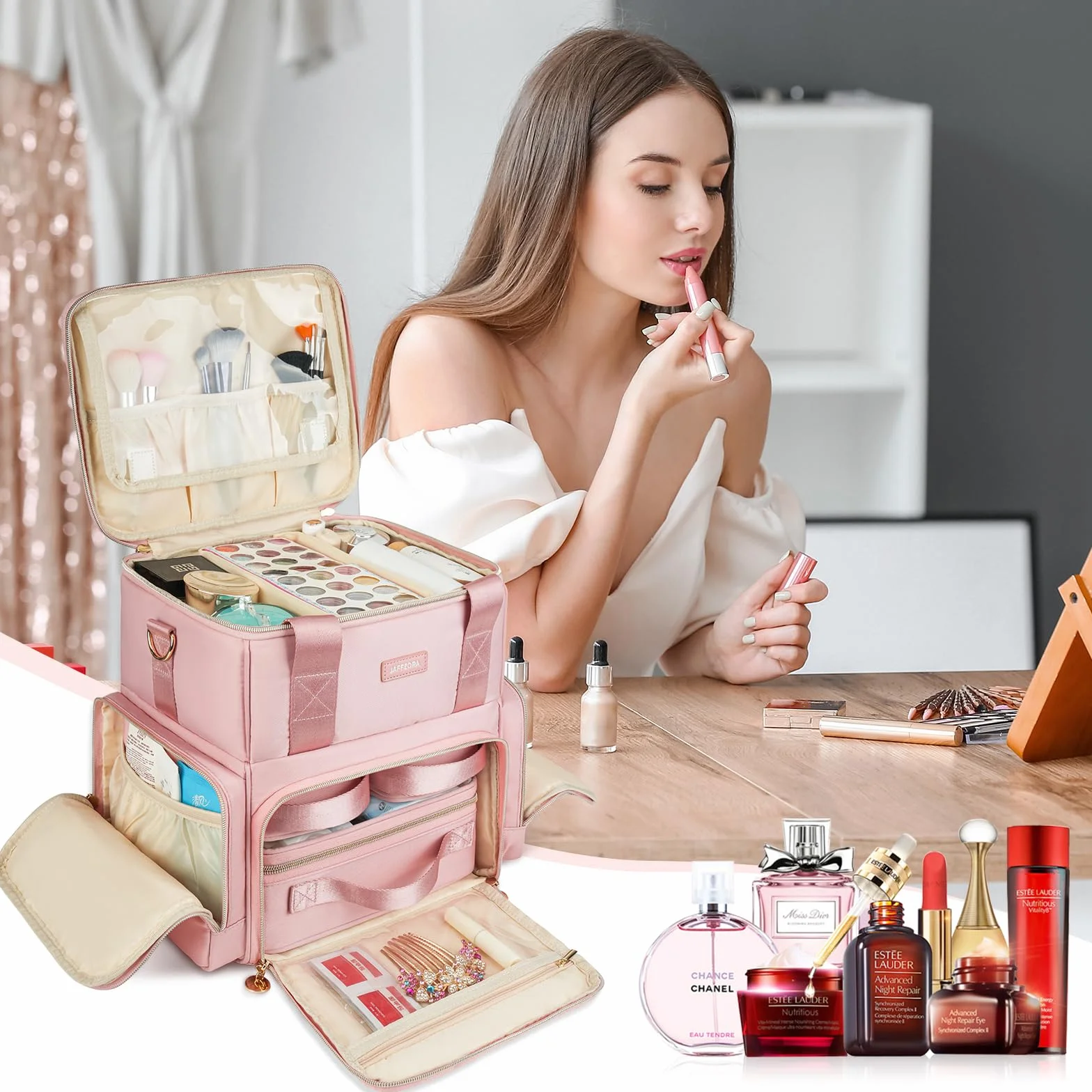 Trousse de Maquillage Extra Large avec 3 Étuis Amovibles, Malette de Voyage Double Couche, Rose