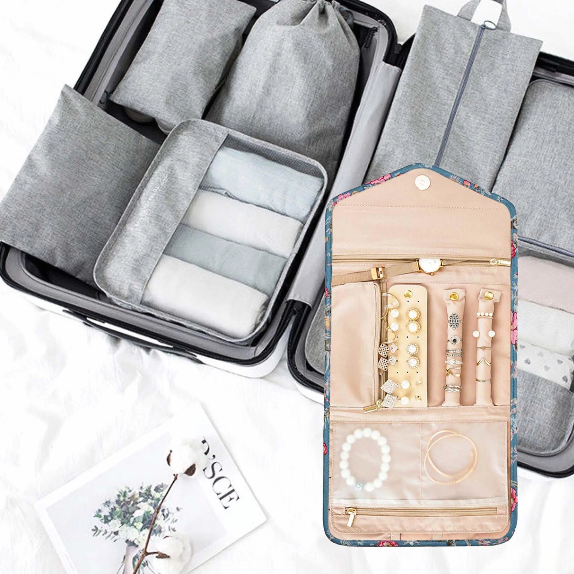 Pochette Rouleaux Bijoux Pliable Organisateur Rangement Bijoux Portable Plusieurs Compartiments Boucles d'Oreilles Colliers Bagues Bracelets (Floral, L)