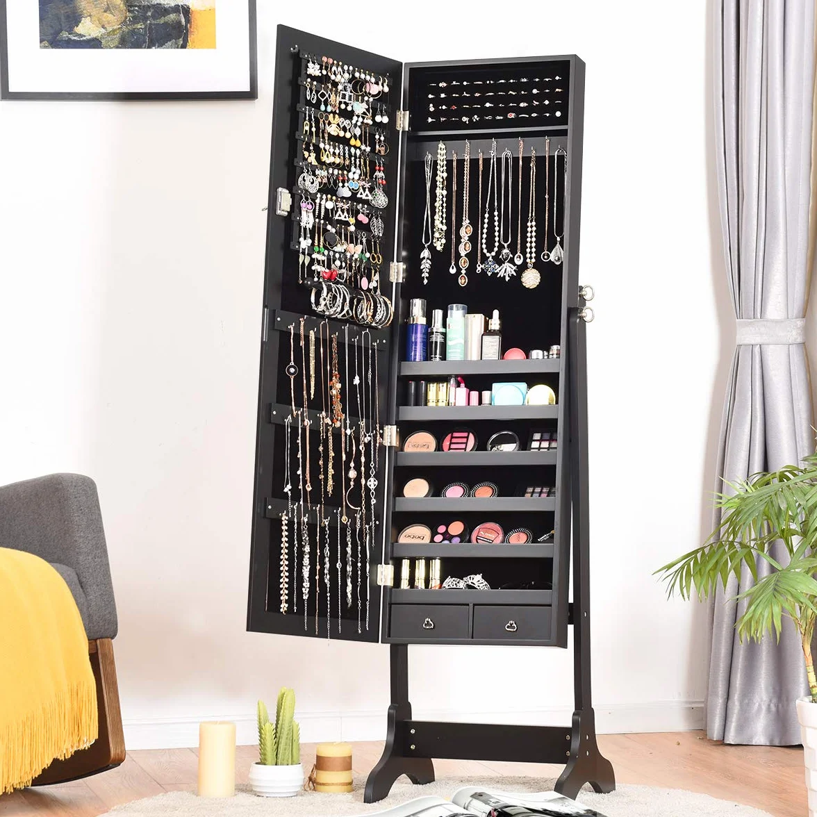 COSTWAY Armoire à Bijoux sur Pied avec Miroir Pivotante 4 Niveaux 8 Étagères Rangement Bijoux Noir