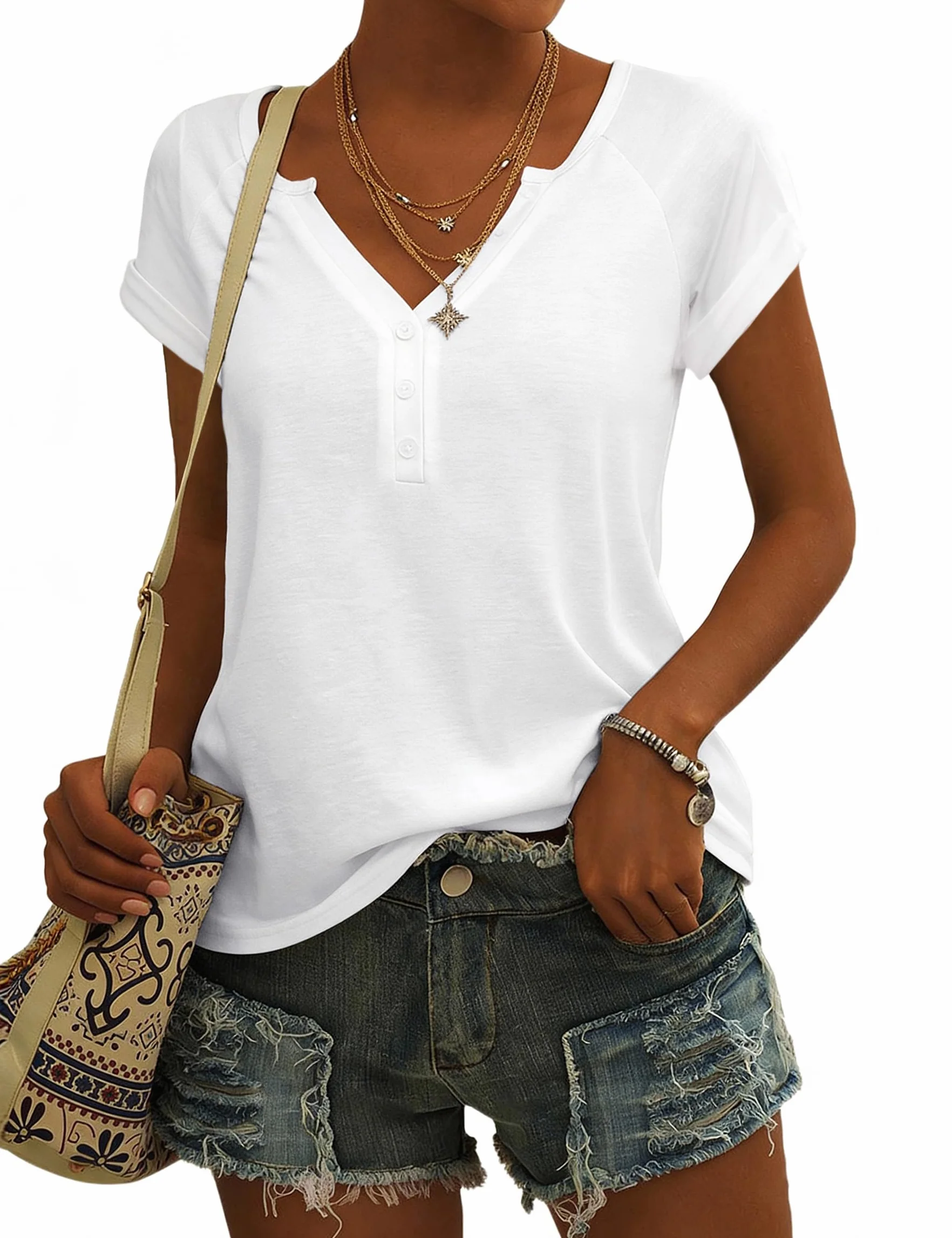 Demegimi T Shirt Femme Col V Boutonne Manches Courtes Coton Coupe Ample Taille S-XXL