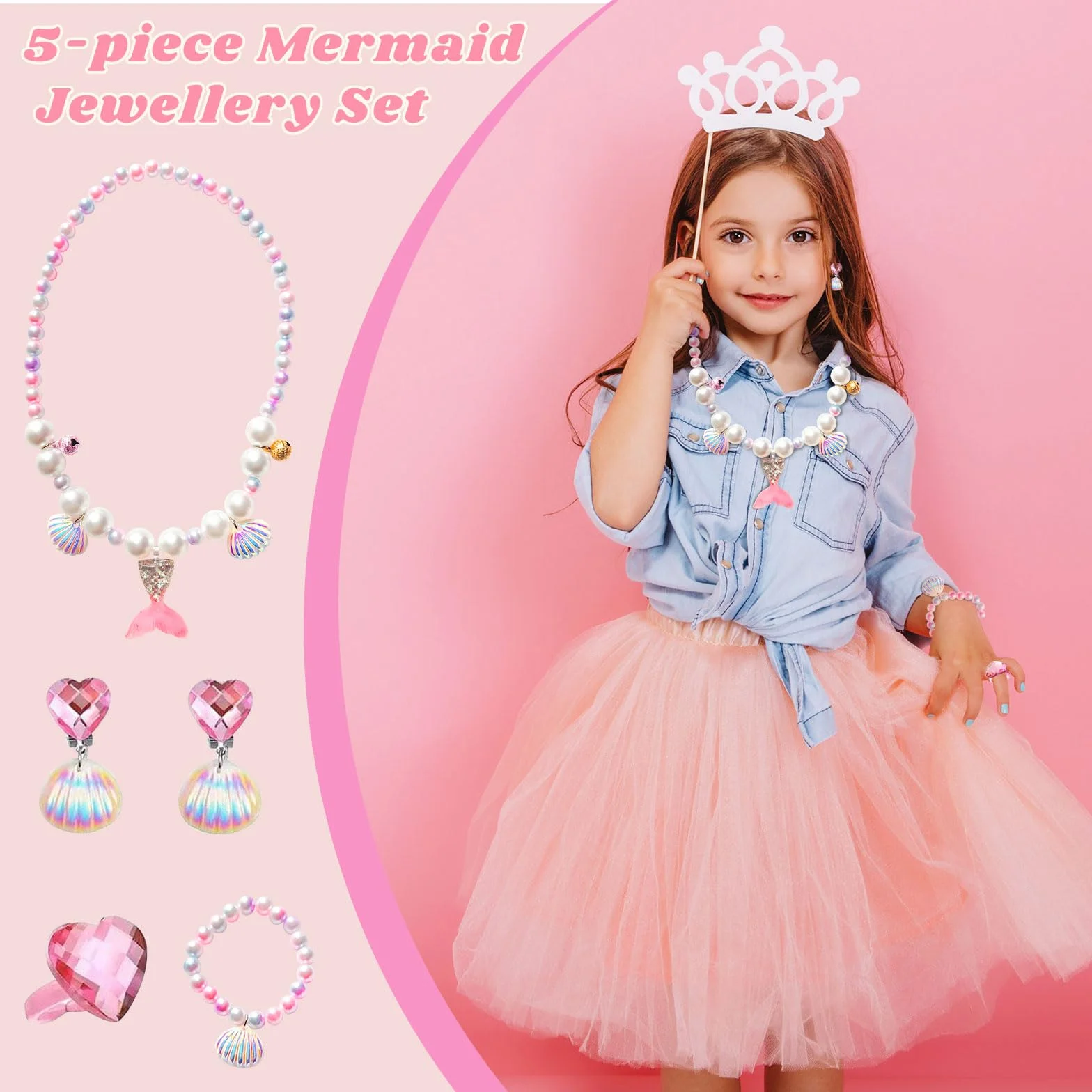 KOMABLEN Sirène Boîte à Bijoux Fille avec Miroir, Boîte à Musique Enfant 4 Parure de Bijoux et Protege Angle Cadeau Anniversaire 3-10 ans