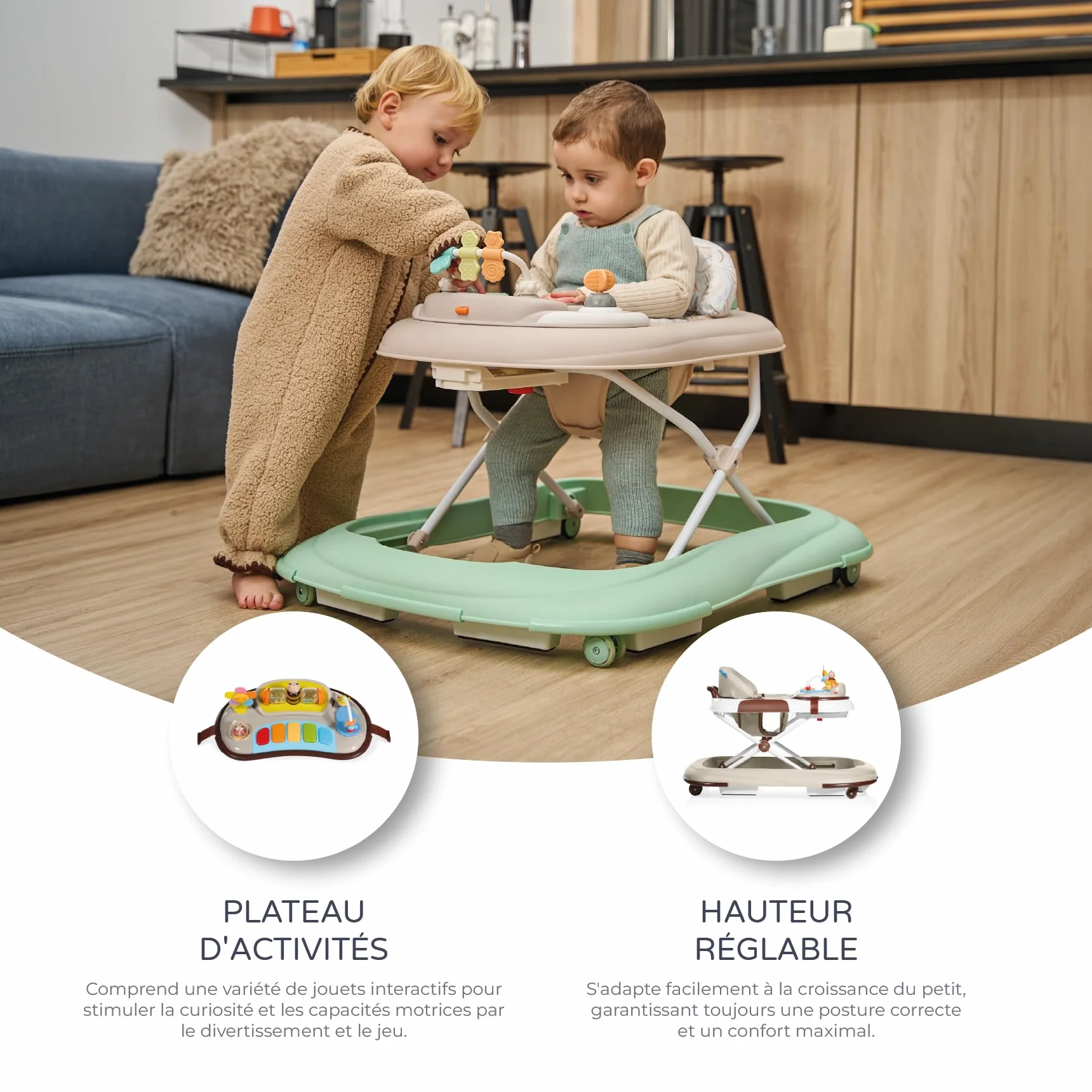 Trotteur BASIC PLUS pour bébé avec plateau de jeux interactif, sons, roues silicone, 3 hauteurs