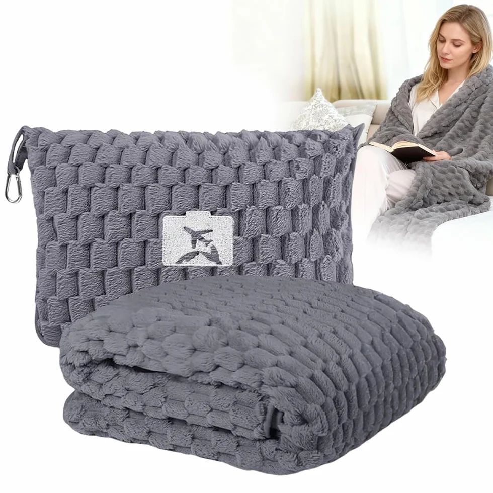 Couverture de Voyage Pliable 2 en 1 avec Oreiller, Douce et Chaude avec Étui, pour Avion Voiture Bureau Gris