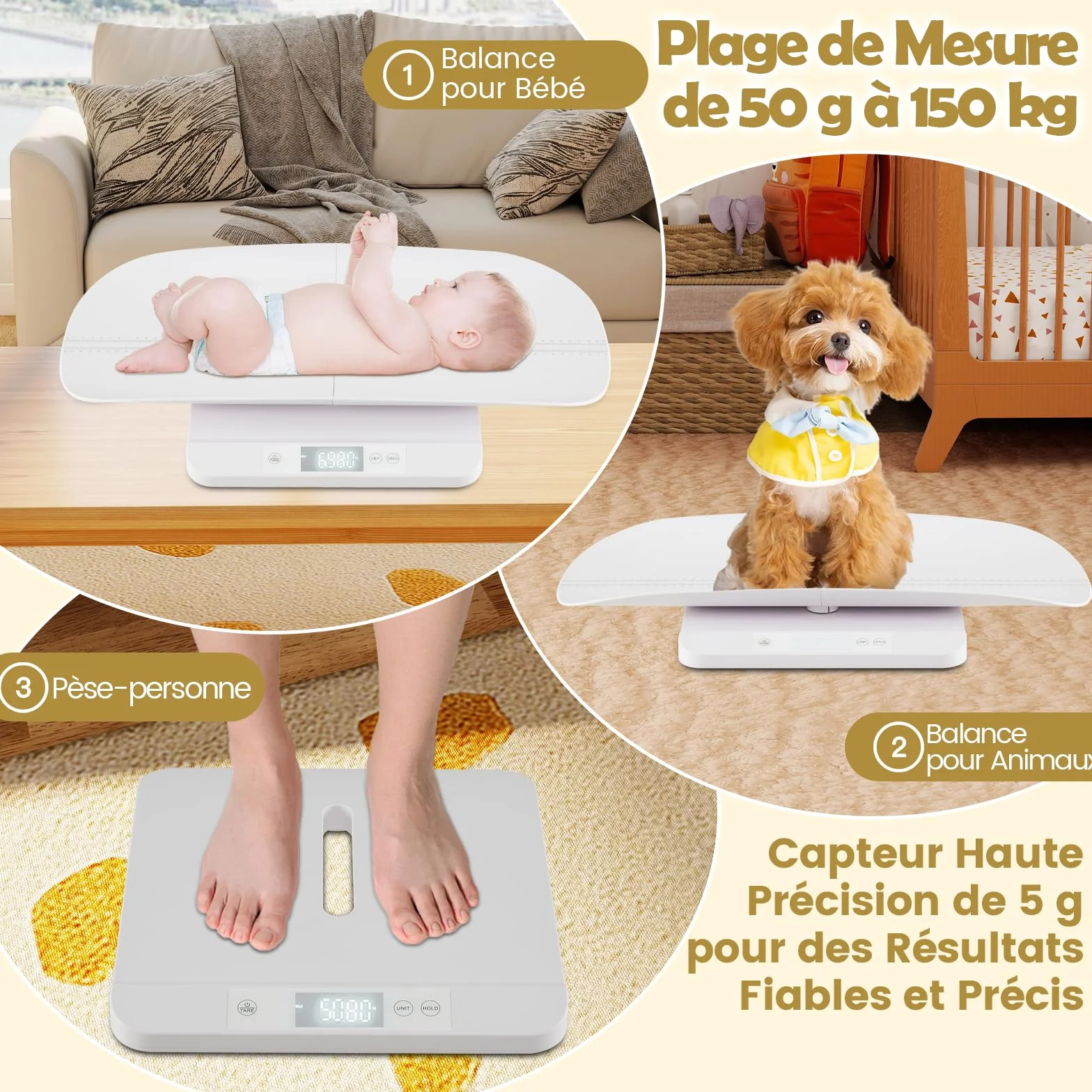 COSTWAY Pèse-bébé Numérique 150 kg Balance Électronique Précise 5 g avec Écran LED