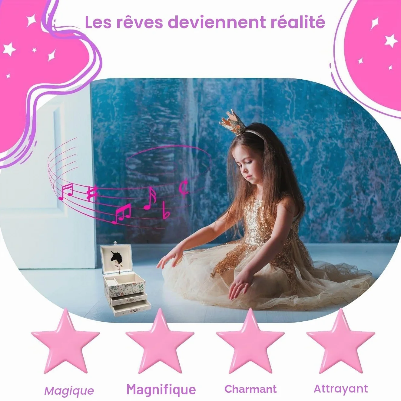 GICO Boîte à bijoux musicale licorne pour enfants avec deux tiroirs
