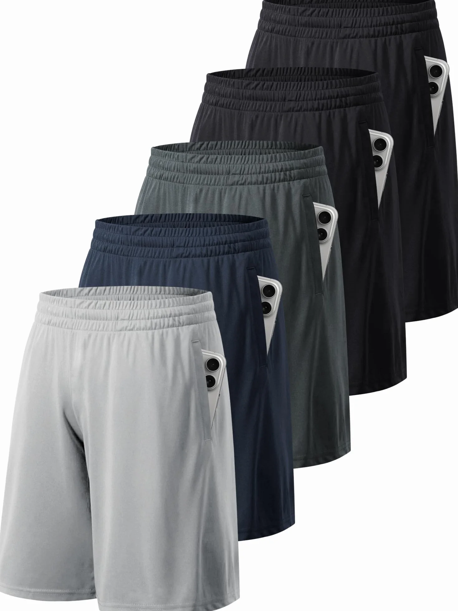 Shorts Sport Homme Lot de 5 avec Poches Taille Élastique Séchage Rapide Running Gym Basket-Ball
