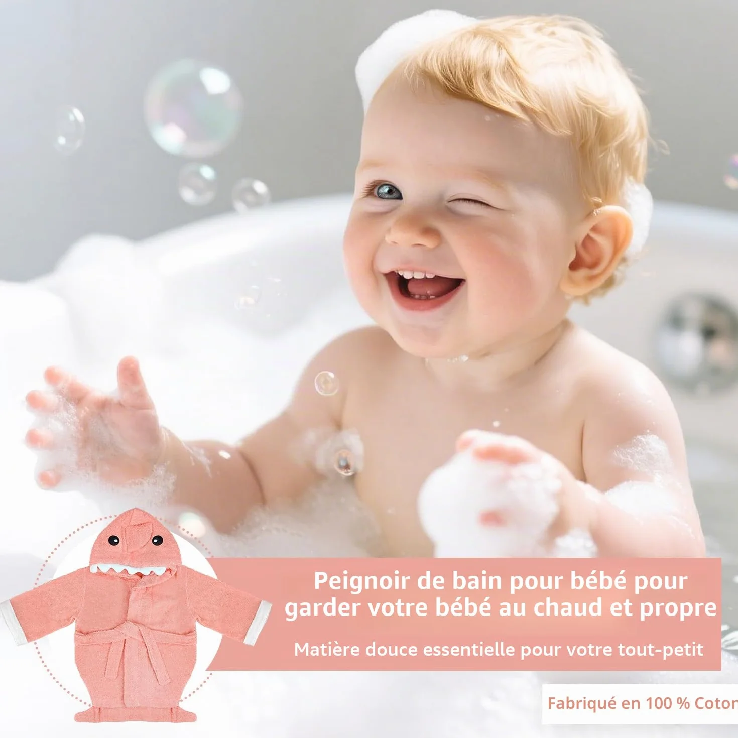 Lexikind Serviette à Capuche Bébé Peignoir de Bain Tissu Éponge Requin Rose