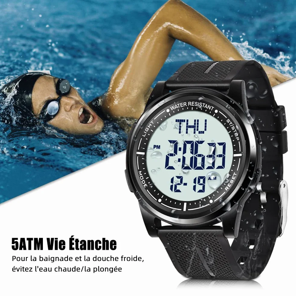 WIFORT Montre Digitale Étanche Hommes Femmes Chronomètre Compte à Rebours Alarme Format 12/24 Heures Sport Ultra-Léger Grand Angle