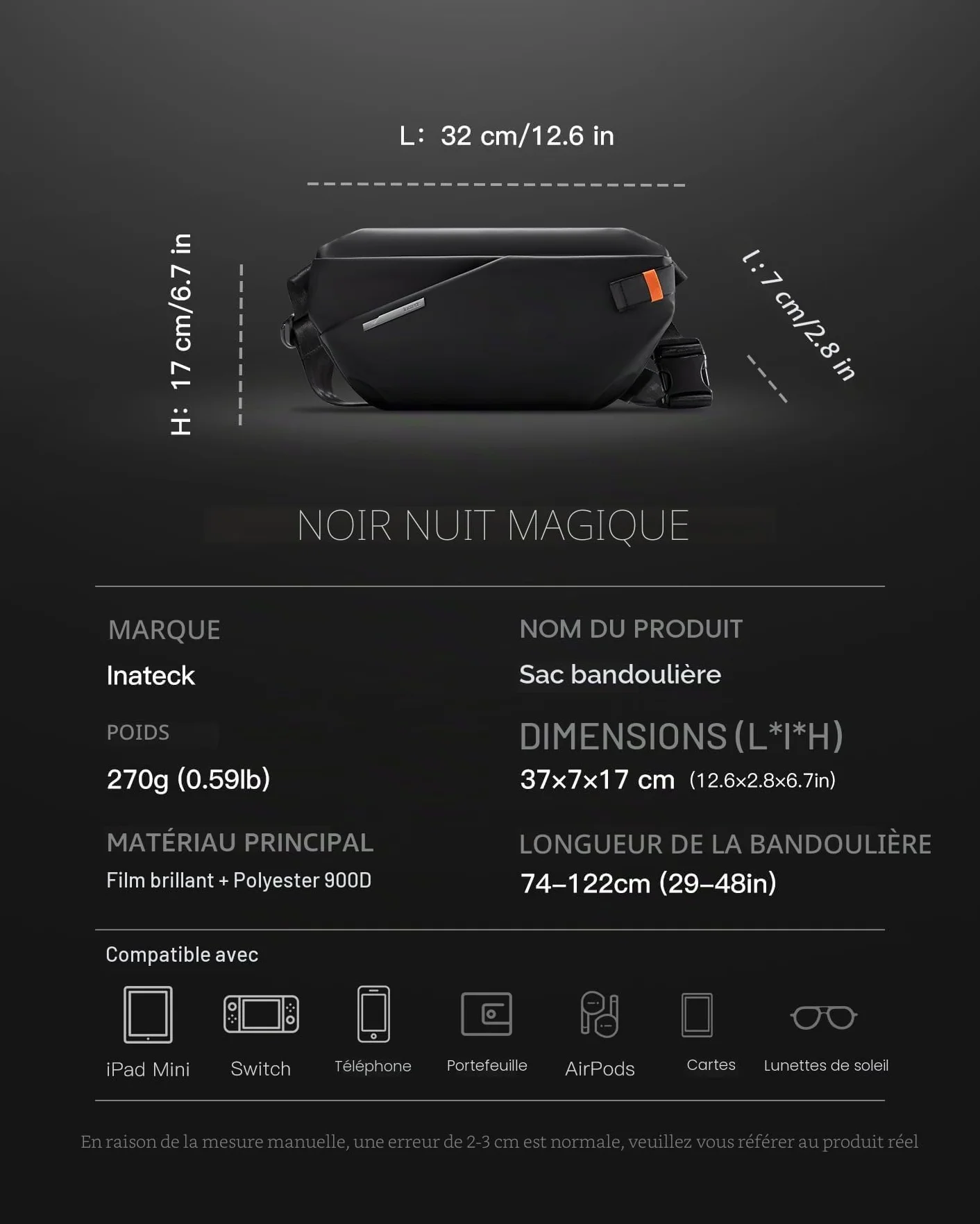 Inateck Sac Banane Ville Femme Homme Bandoulière Léger Sangle Réglable Imperméable Multifonction Voyage Cyclisme Travail Sports Randonnée