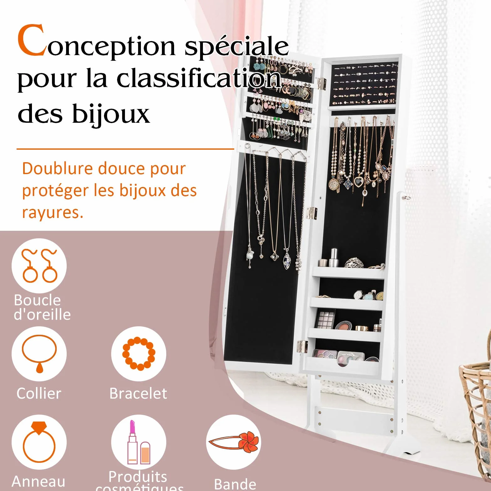 COSTWAY Armoire à bijoux sur Pied avec Miroir Psyché Coffre de Rangement Cosmétiques, 3 Positions Réglables, Blanc