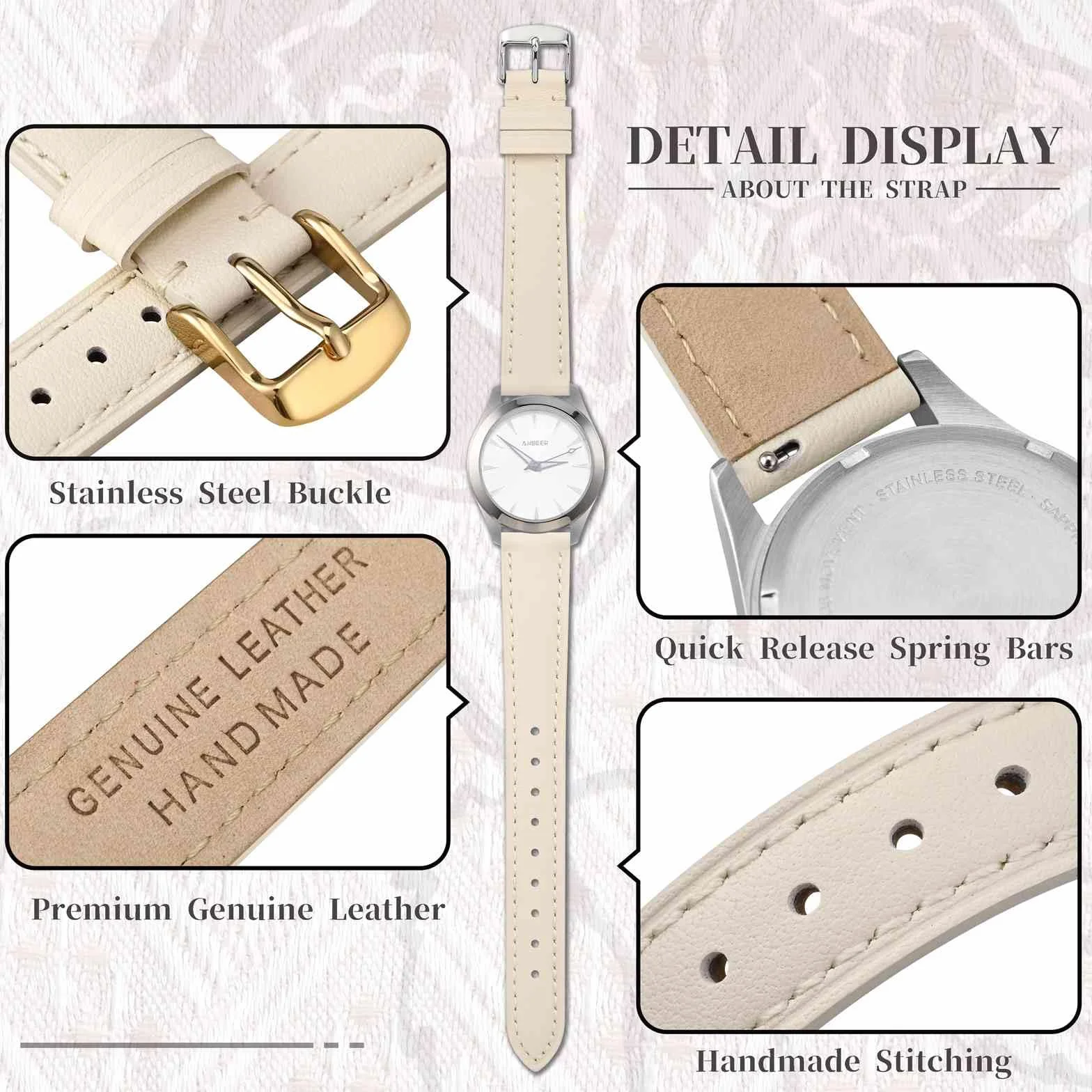 Bracelet de montre en cuir véritable Anbeer, remplacement rapide pour femmes