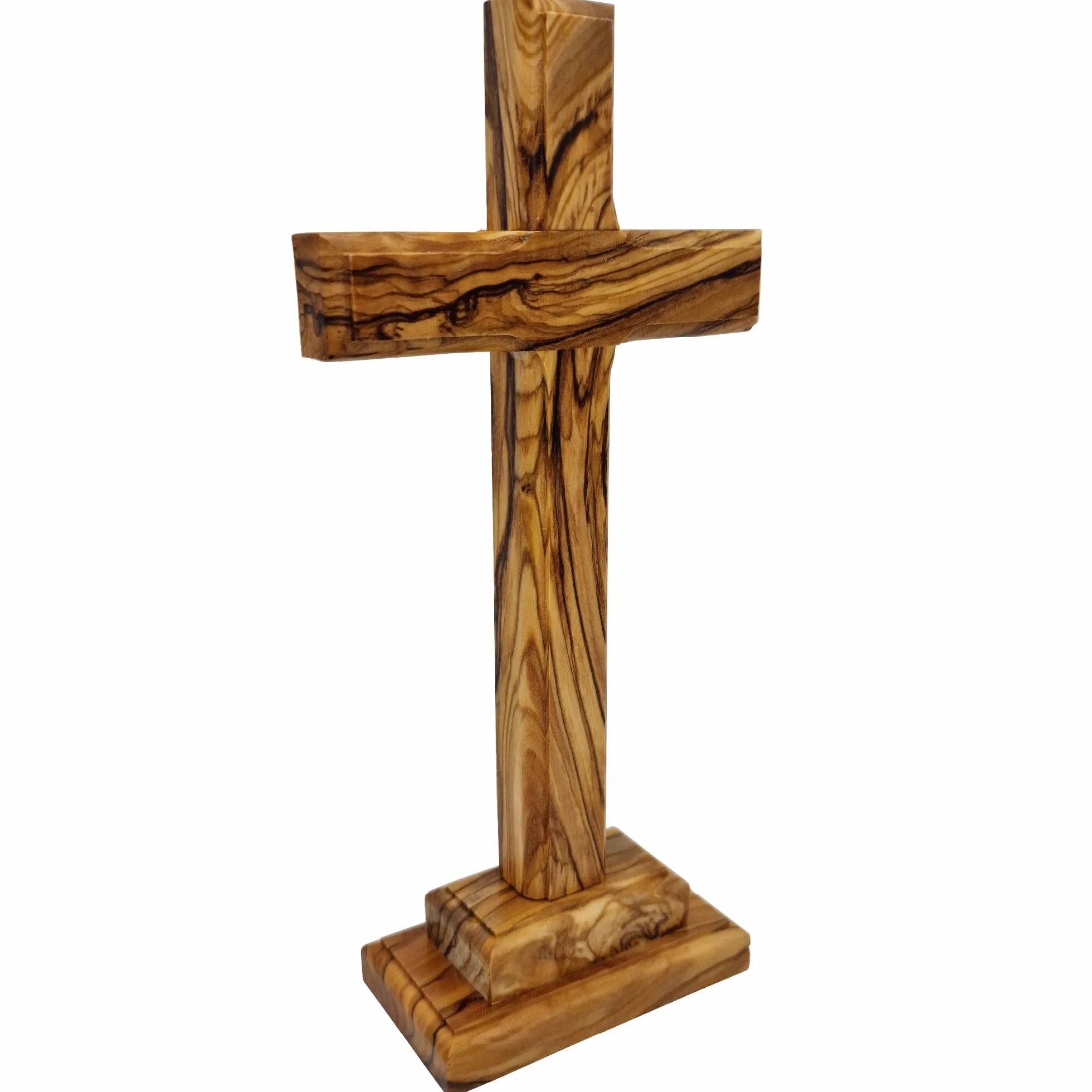 Croix sur pied en bois d'olivier 18,5 cm - Fabriquée à la main à Bethléem - Certificat de consécration - Croix de table chrétienne - Cadeau de baptême communion
