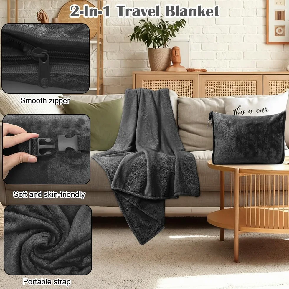 Couverture de Voyage Avion 2 en 1 avec Coussin, Bagages et Clip, Douce et Chaude, 127x152cm, Noir