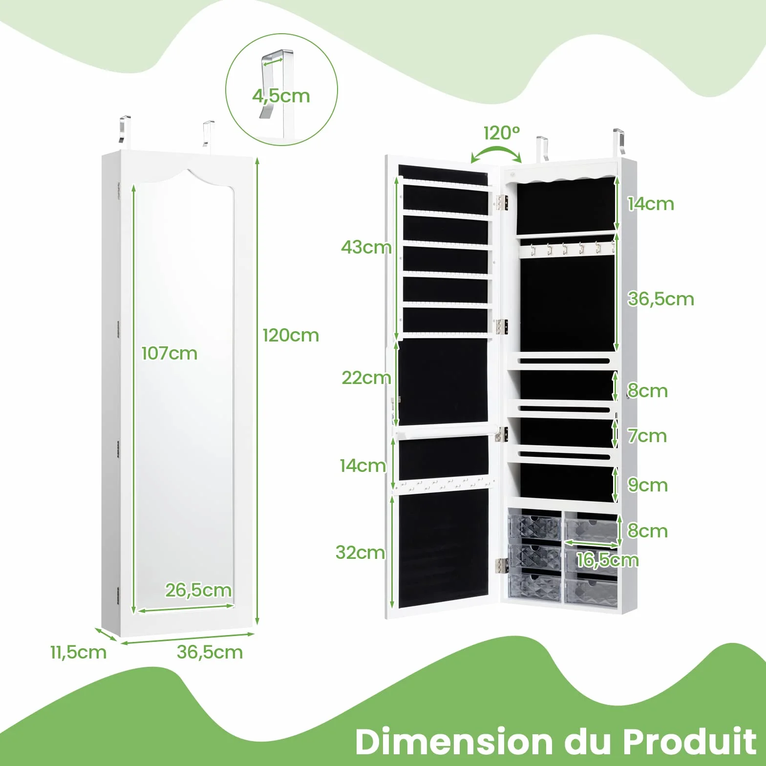 COSTWAY Armoire à Bijoux Murale LED 5 Lumières avec Miroir 6 Tiroirs 36,5 x 11,5 x 120 cm Blanc