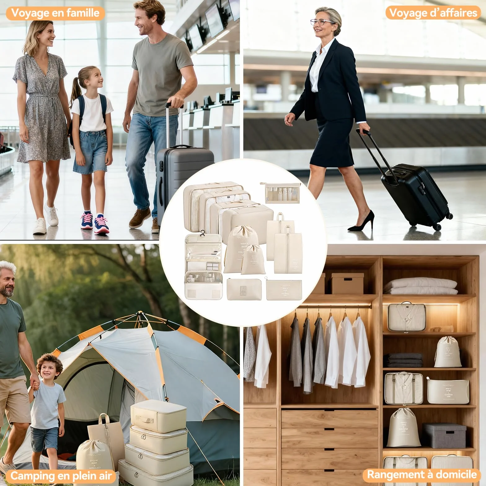 Organisateur Valise 12 Pièces Beige - Pochette Rangement Voyage Packing Cubes